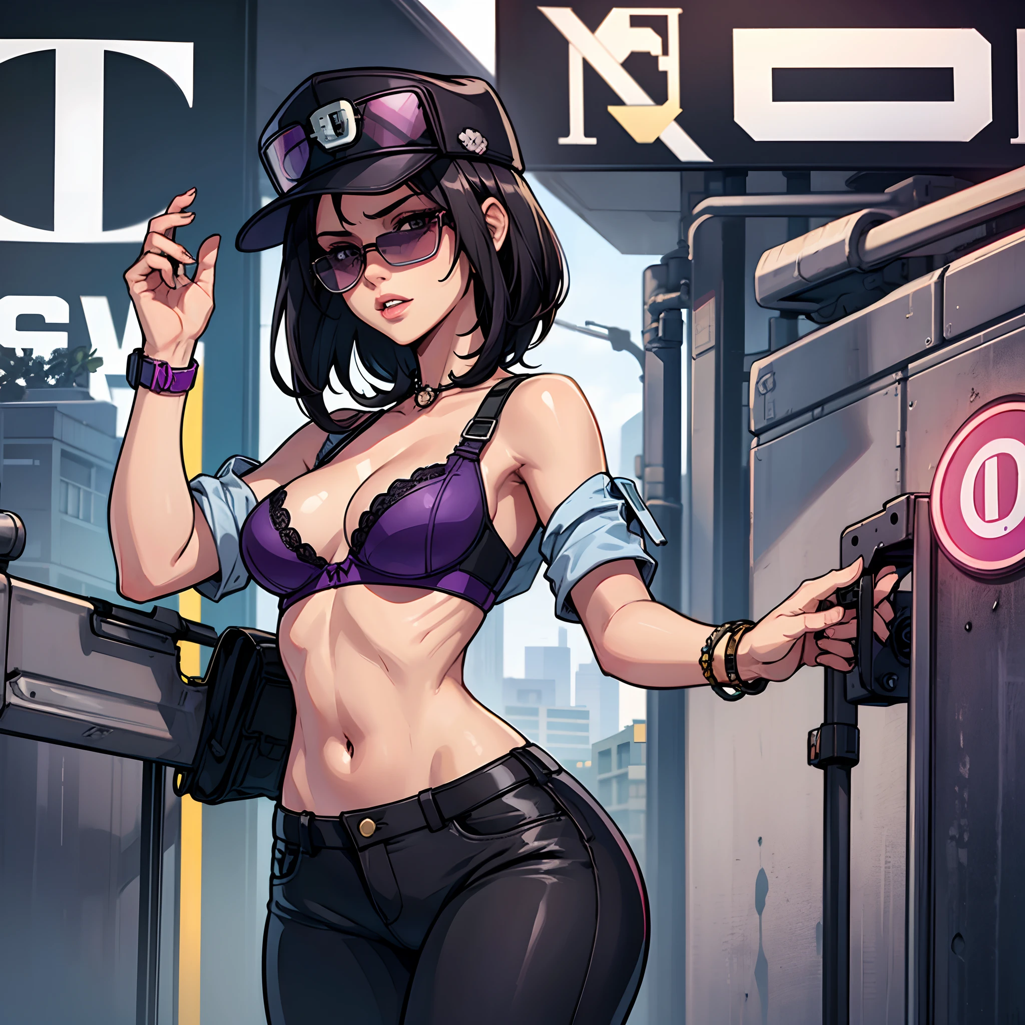 A girl, police cap, sunglasses, background (GTA v), tight pants, purple bra, beautiful body, size 80 breasts, medium black hair,