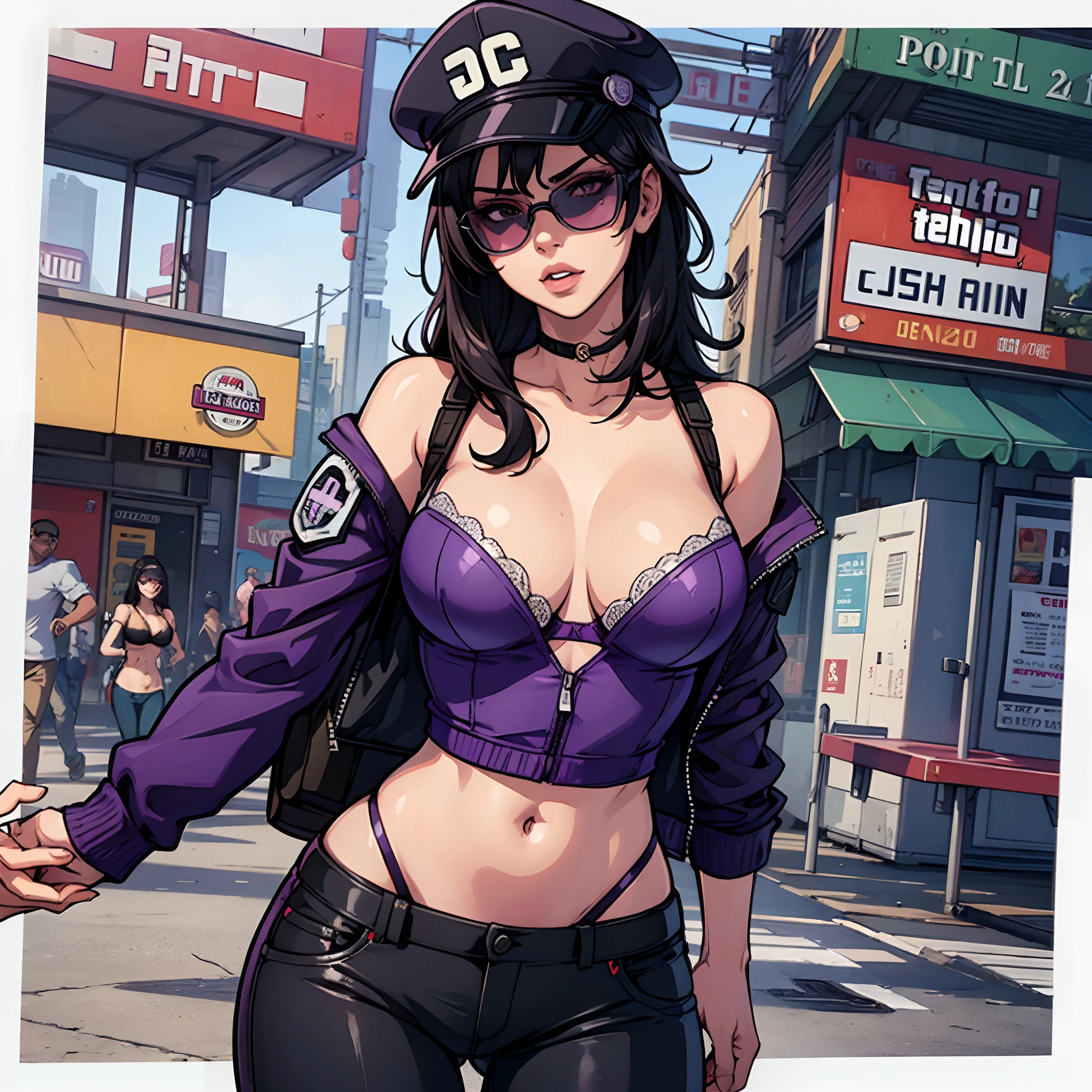 A girl, police cap, sunglasses, background (GTA v), tight pants, purple bra, beautiful body, size 80 breasts, medium black hair,