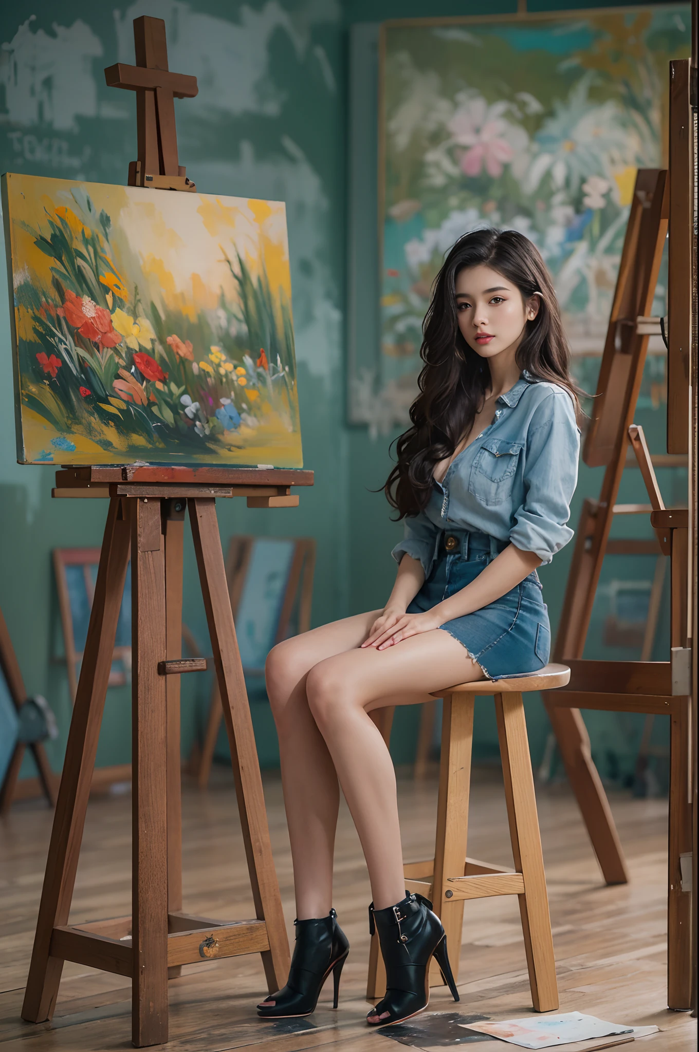 (hight resolution,in 8K,Best Quality:1.2),Beautiful College Student,Seductively tall, Campus beauty, huge tit, Chest valley、beauty legs、exotic beauty, Rich heirs, medium lenght hair, A dark-haired 、Denim skirt, high-heels, art studio, Painting, Easel, stool, Sitting on Stool, Focus on creating artwork