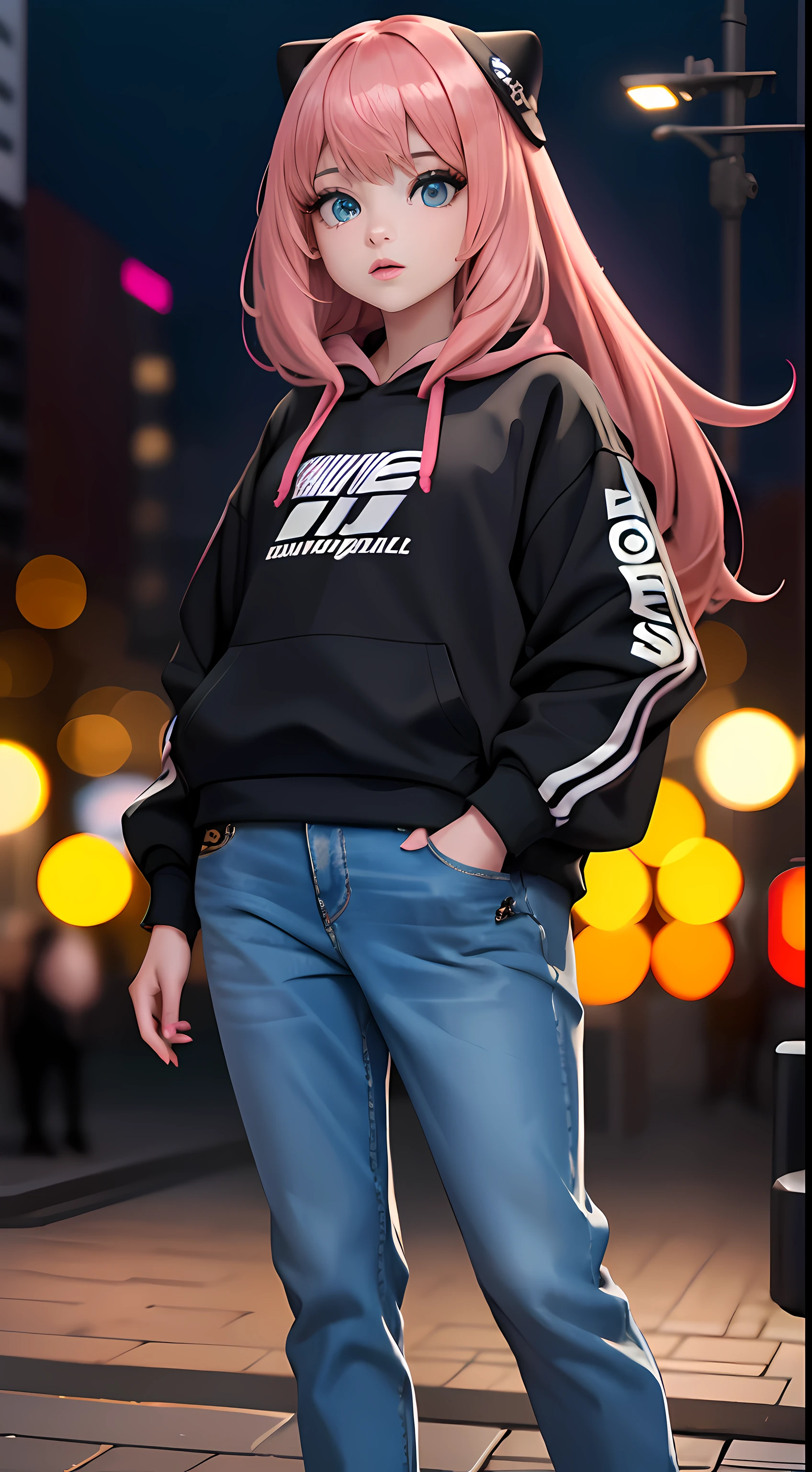 Masterpiece, (best quality,highres), full body shot, Anya forger, wearing Streetwear Hoodie, black jeans, detailed eyes, detailed lips, hair texture, soft background, vivid colors, dinamic lighting, bokeh