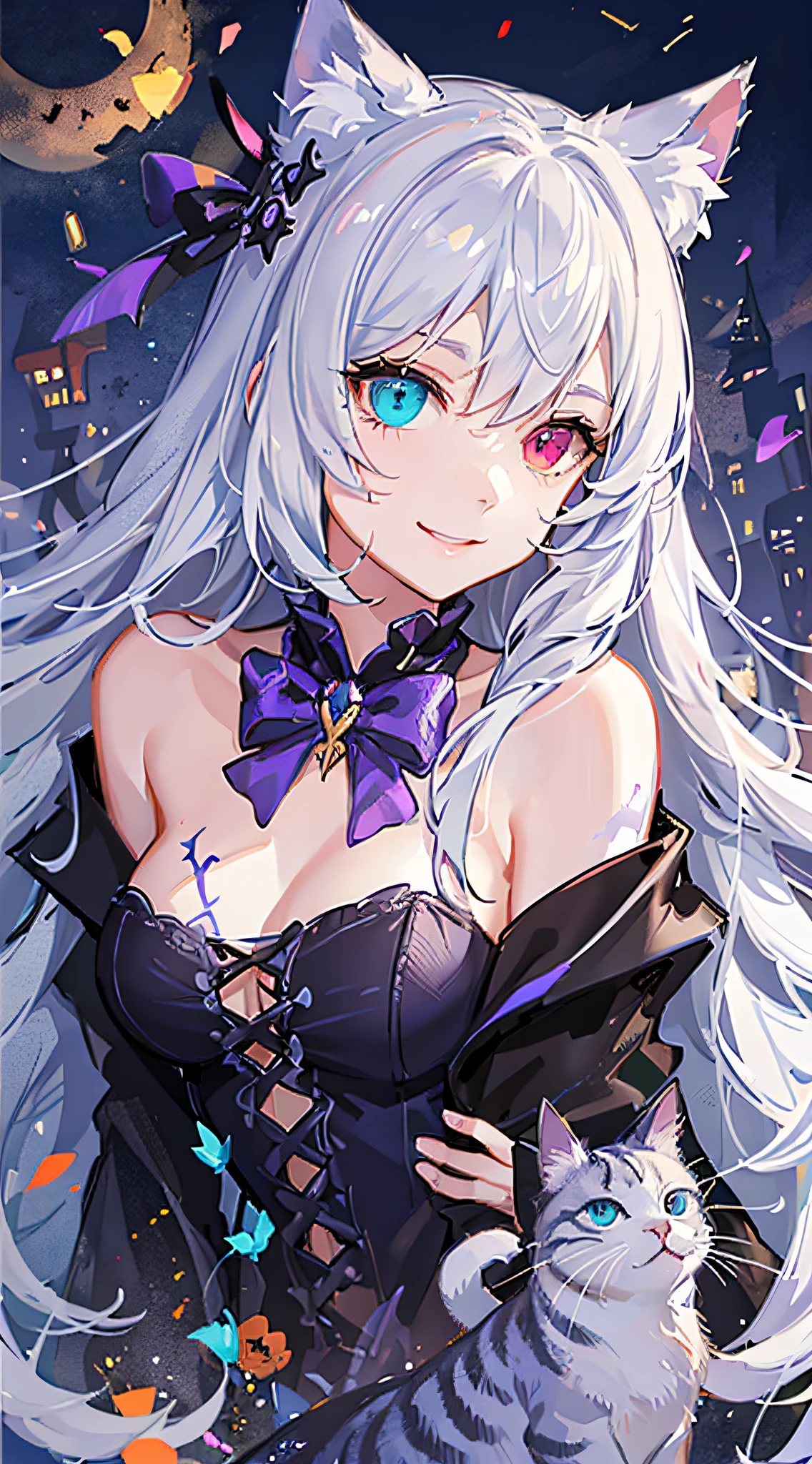 年轻, long white hair, Heterochromia, (Blue left eye, Right eye purple), White cat ears, Turquoise Top, Open chest, Tattoos, Smile, masutepiece, High quality,Happy halloween,Halloween Costume,pumpkin
