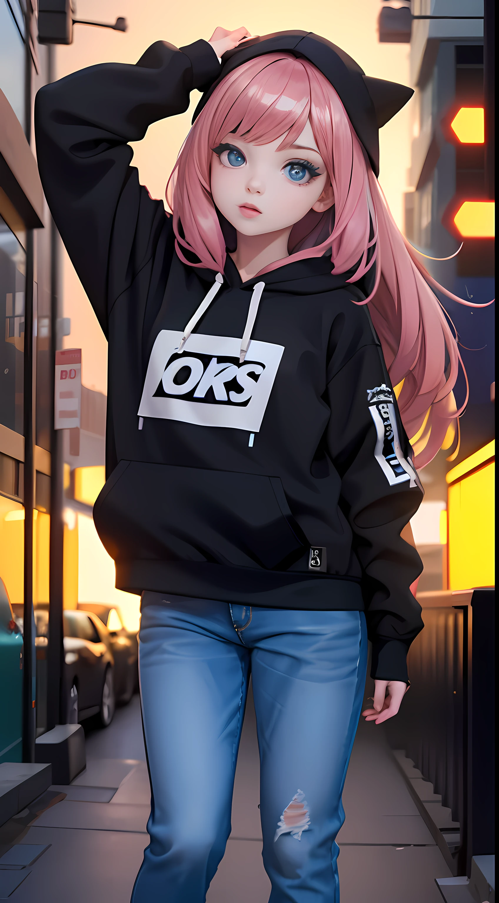 Masterpiece, (best quality,highres), full body shot, Anya forger, wearing Streetwear Hoodie, black jeans, detailed eyes, detailed lips, hair texture, soft background, vivid colors, dinamic lighting, bokeh