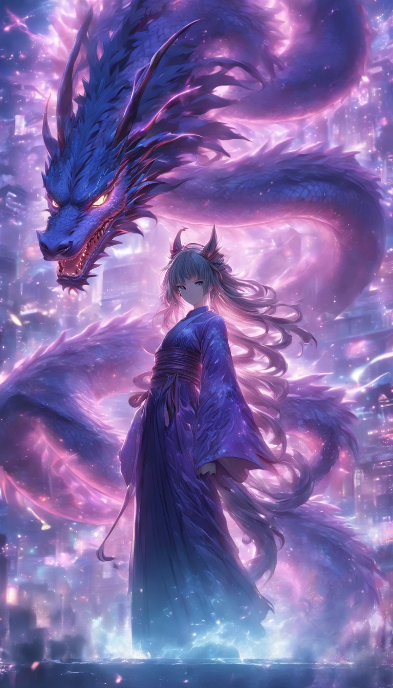 Japanese style, mid-ground, cat-eared girl standing, in front of giant transparent divine dragon, long messy hair, glow effect, ultra-realistic, ultra-photorealistic, monochrome ink style, purple, bleached, dirt, ink, 8K, super fine, high quality, OC renderer.