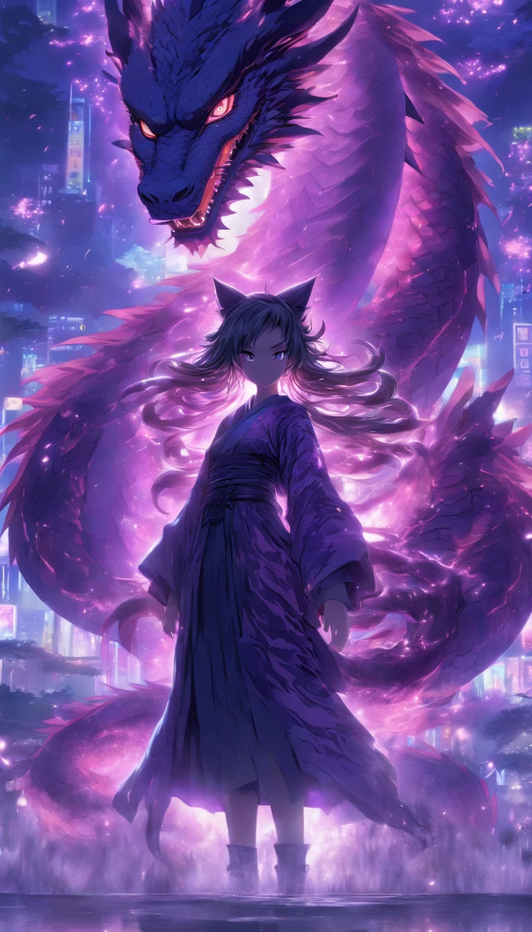 Japanese style, mid-ground, cat-eared girl standing, in front of giant transparent divine dragon, long messy hair, glow effect, ultra-realistic, ultra-photorealistic, monochrome ink style, purple, bleached, dirt, ink, 8K, super fine, high quality, OC renderer.