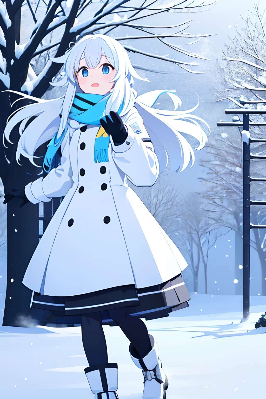 {high quality}, 1girl, white hair, yellow scarf, white down jacket, black fluffy gloves, snow falling, frolicking in yard, snowy trees,