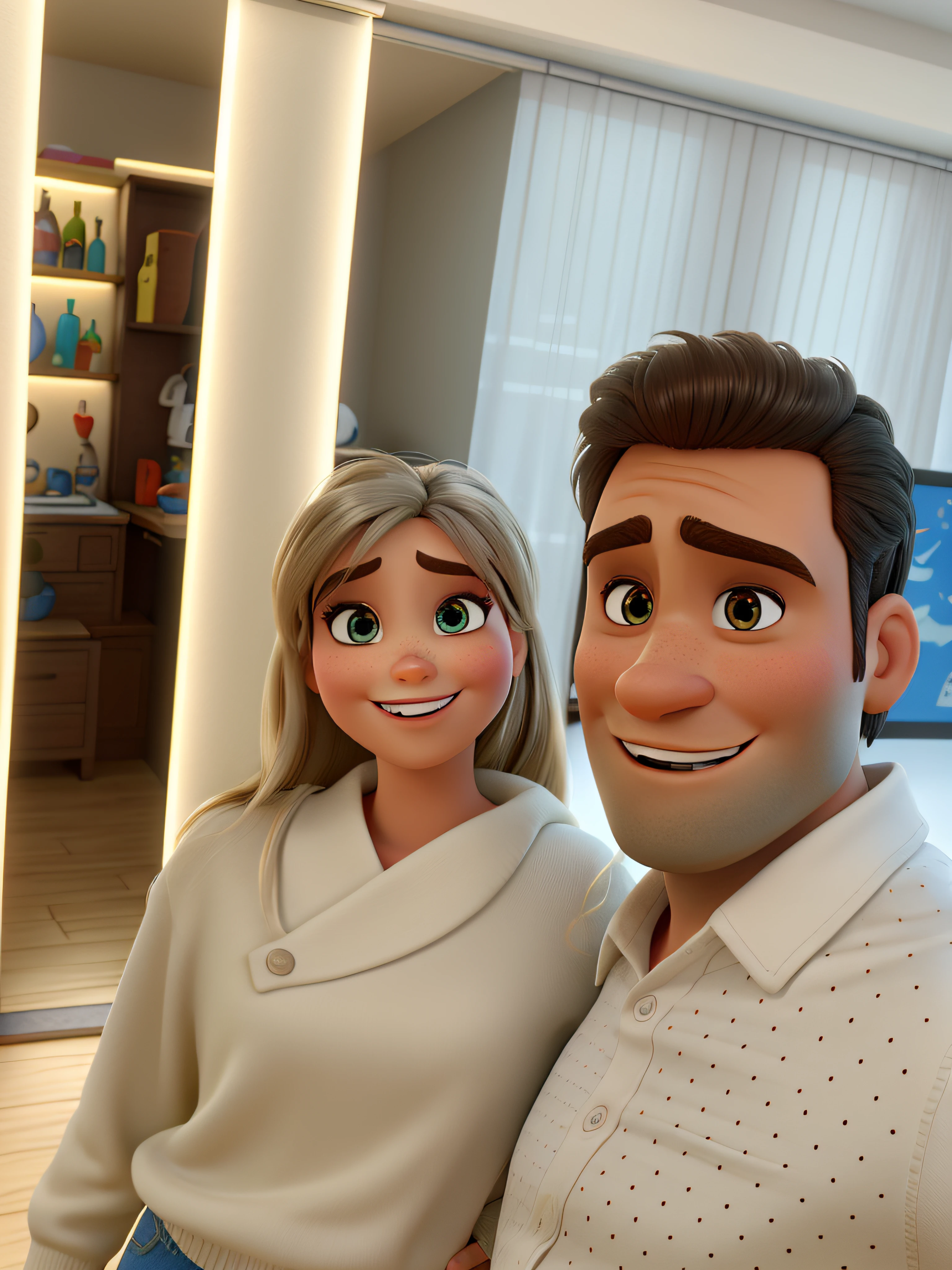 uma e mulher loira com olhos castanhos e um homem com olhos castanhos noestilo disney pixar, alta qualidade, melhor qualidade