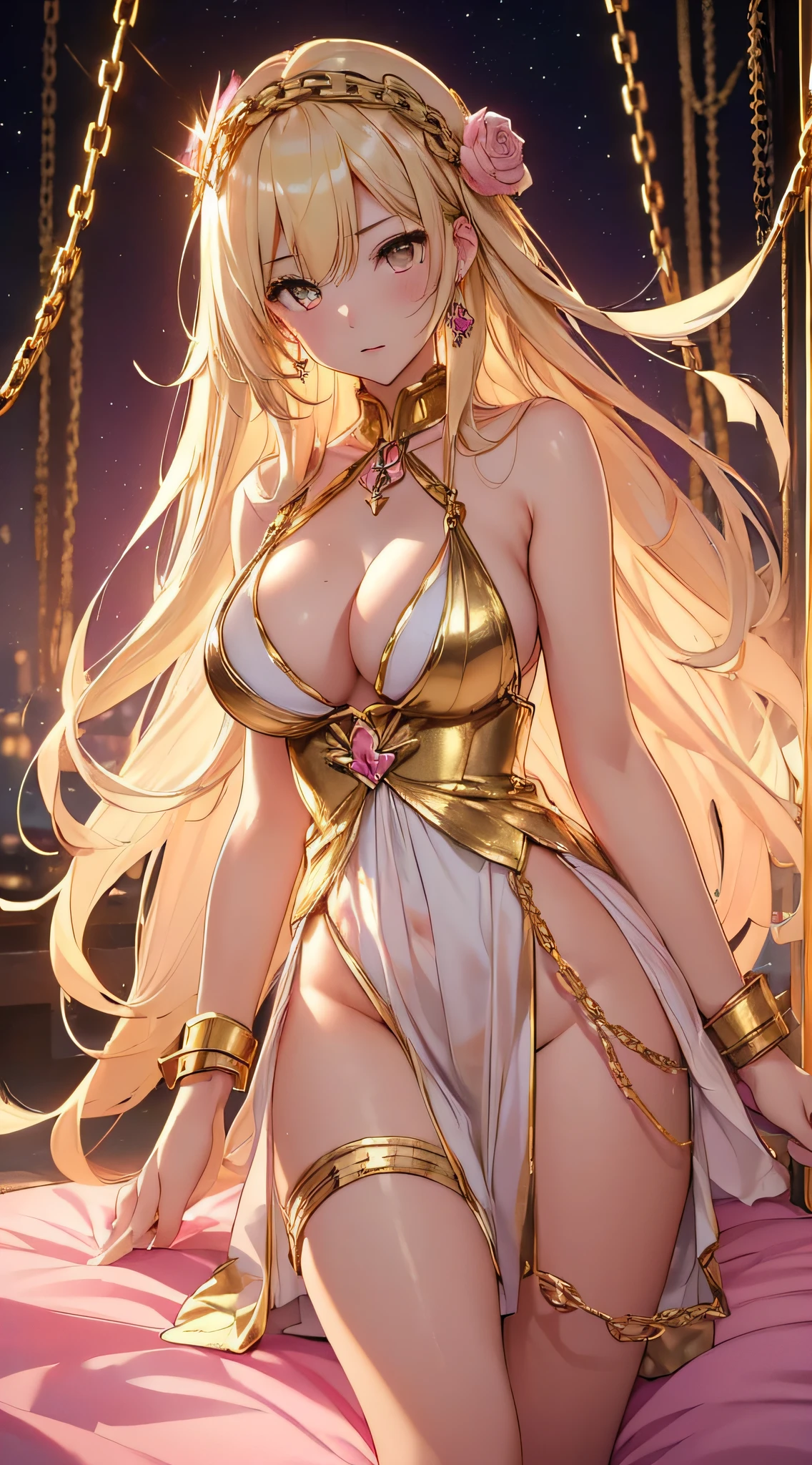 top-quality、Top image quality、masterpiece、girl with((20yr old、Best Bust、big bast、Bust 85,beautiful golden eyes、Breasts wide open,Blonde long hair、A slender、Large valleys、Tank Tops、Cosmic dress、Gold Bikini、Reach out towards us、Lonely face))hiquality、Beautiful Art、Background with((Fashionable evening party、Golden Chain、Pink lighting)))masutepiece、visualart、depth of fields、
