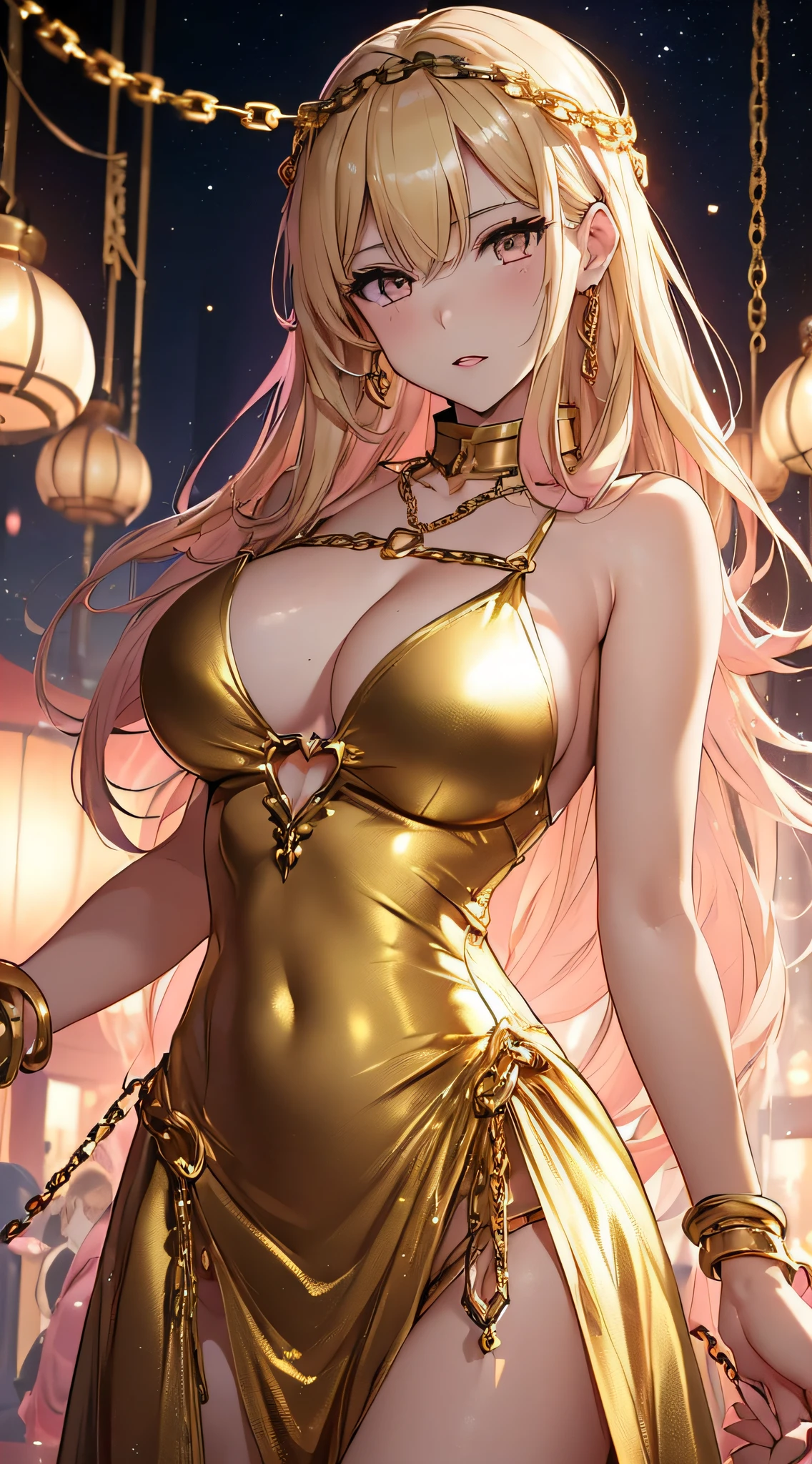 top-quality、Top image quality、masterpiece、girl with((20yr old、Best Bust、big bast、Bust 85,beautiful golden eyes、Breasts wide open,Blonde long hair、A slender、Large valleys、Tank Tops、Cosmic dress、Gold Bikini、Reach out towards us、Lonely face))hiquality、Beautiful Art、Background with((Fashionable evening party、Golden Chain、Pink lighting)))masutepiece、visualart、depth of fields、