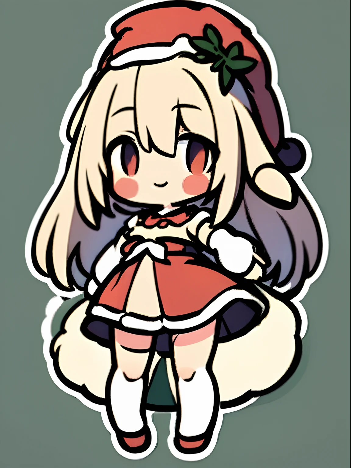 a sticker、top-quality、hight resolution、​masterpiece、8K、Chibi、Silly、1beautiful girl、kawaii、Green shorthair、A smile、Santa Claus Costume、Arms up、Pointing with your hand、Santa Claus hat with rabbit ears、a miniskirt、