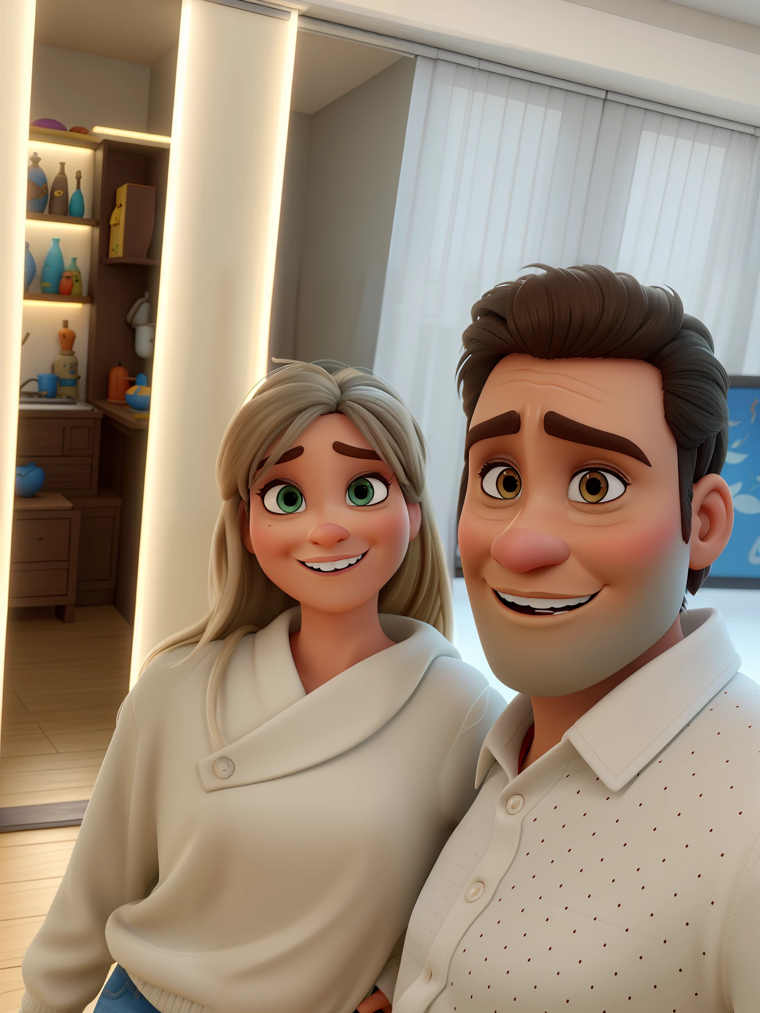 uma e mulher loira com olhos castanhos e um homem com olhos castanhos noestilo disney pixar, alta qualidade, melhor qualidade