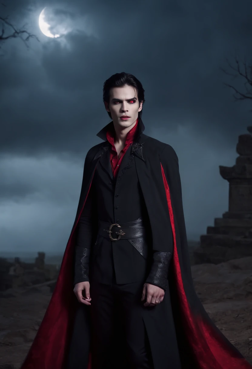 1 vampire, male, (ancient:1.2), sharp fangs, red eyes, fair skin, messy black hair, (glowing effect:1.5), long black coat, (tattered edges:1.1), dramatic pose, (sinister smile:1.3), moonlight background, misty atmosphere, (blood dripping from fangs:1.4), (sharp claw-like nails:1.2), (floating cape:1.1), (castle silhouette:1.3), bats, (eerie glowing red moon:1.5), (thunderstorm:1.4), (stormy sea:1.2), (intense lightning:1.3), (ominous clouds:1.2), (misty graveyard:1.1), (haunting eyes:1.3), (transparent ethereal look:1.2), (vivid details:1.4), (hauntingly beautiful:1.3), (mysterious allure:1.2).