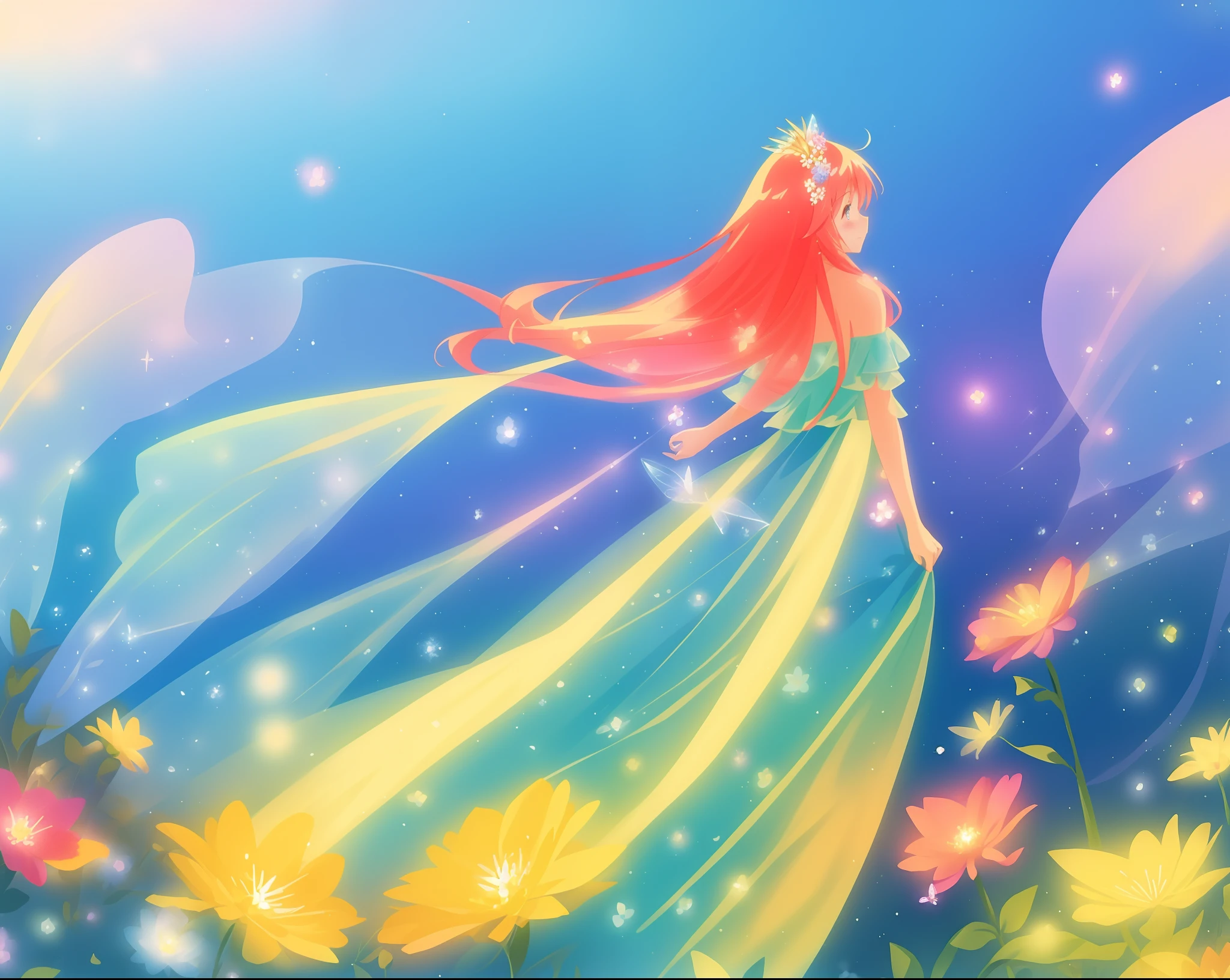 beautiful fairy girl in colorful flowing dress, fairy dress, (huge sparkling fairy wings), fairy queen, ((magical colorful otherworldly landscape)), ((fairy plants and flowers)), meadow filled with flowers of all types and colors, (glowing fairy wings), glowing flowing ballgown, long hair, sparkling fairy wings, watercolor illustration, flowers and colorful plants, disney art style, glowing aura around her, glowing lights, beautiful digital illustration, fantasia otherworldly landscape plants flowers, beautiful, masterpiece, best quality, anime disney style