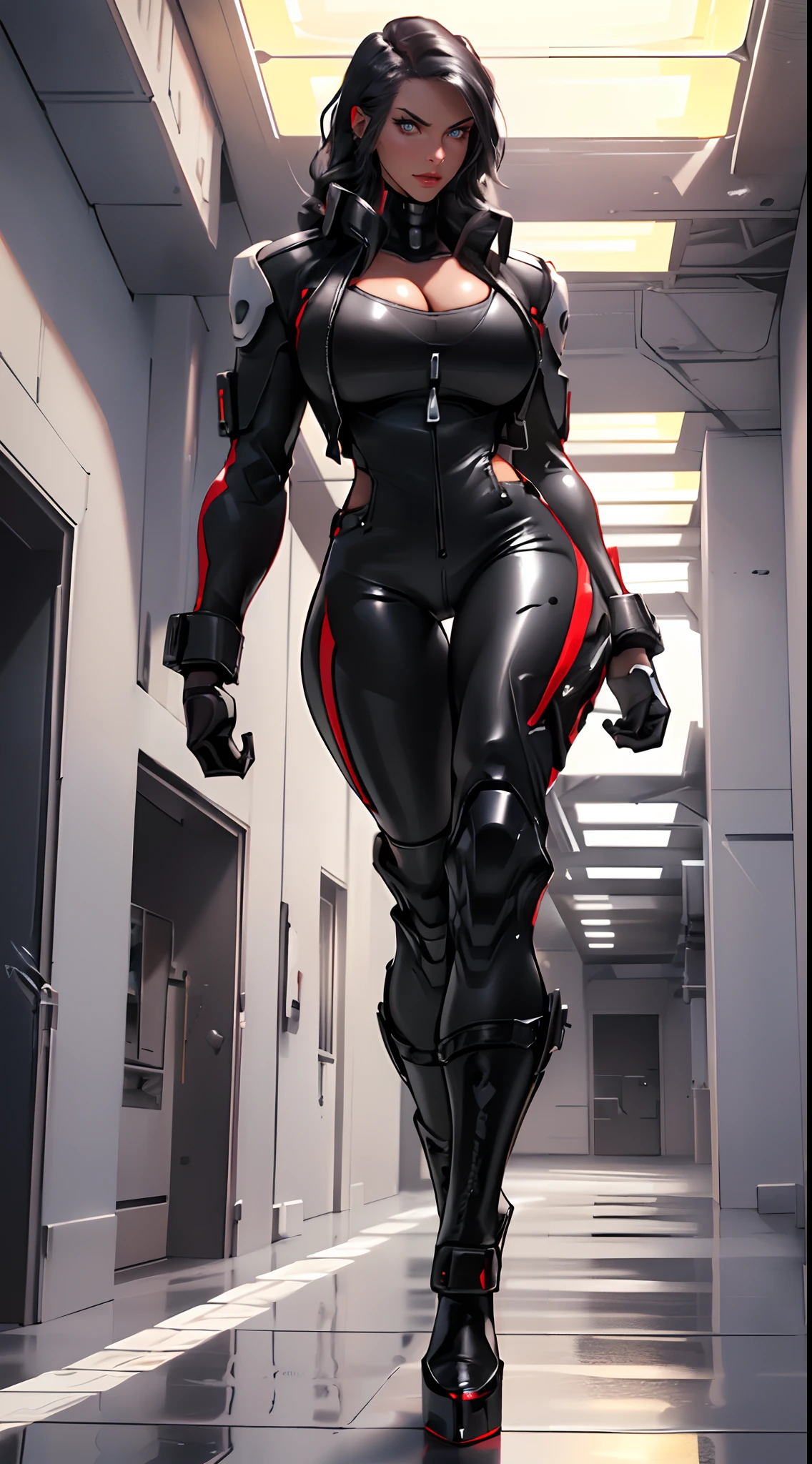 (1GIRL, ALONE, SOLO), (super detailed face), (black hair:1), (BIG BUTTOCKS, HUGE FAKE BREAST:1.3), (CLEAVAGE:1.5), (MUSCLE ABS:1.3), (MECHA GUARD ARMS:1.3), (RED,BLACK SHINY FUTURISTIC TRACKSUIT, LEATHER OPEN JACKET, MECHA SKINTIGHT SUIT PANTS, MECHA GUARD LEGS, HIGH HEELS:1.5), (THICC MUSCULAR FEMALE BODY, GLOWING SKIN, SEXY LONG LEGS:1.1), (LOOKING AT VIEWER:1.3), (female focus:0.886), (WALKING DOWN HALLWAY OF FUTURISTIC SPACE STATION:1), (BRIGHT LIGHT WHITE_ROOM:1.3), HYPER TEXTURE, UNREAL ENGINE RENDER, PHYSICALLY-BASED RENDERING, ULTRA HIGHT DEFINITION, 16K, 1080P.