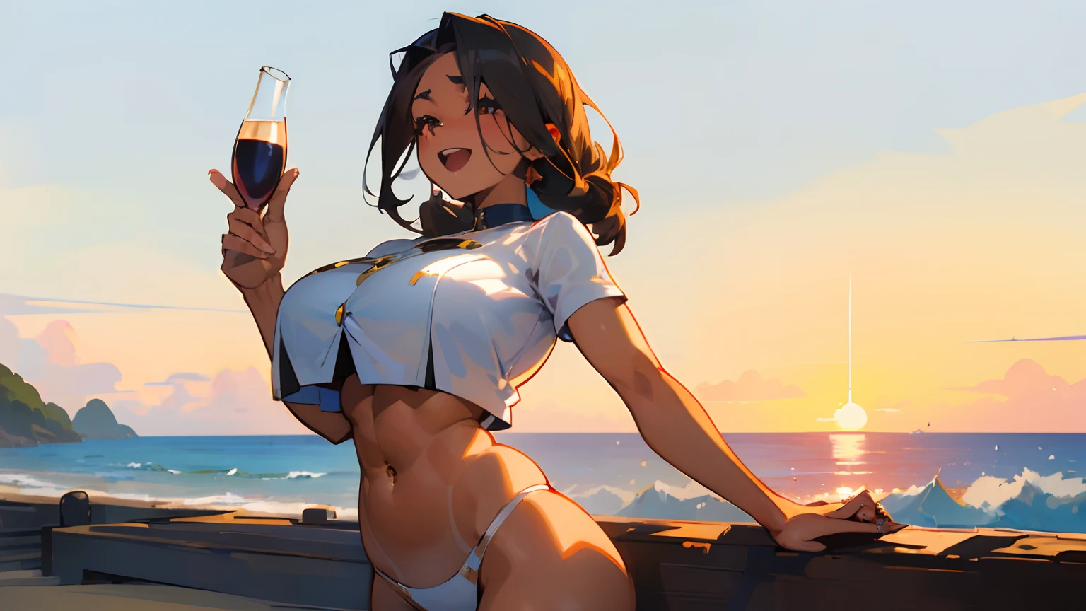 ((top-quality、8K,masterpiece:1.3))、foco nítido:1.2、(Beautiful woman with perfect body shape:1.4),A slight smil,silber hair、 (abdominals:1.2),((huge-breasted:1.4))、(Back stance:1.3),(White shirt:1.1)、(piercings:1.3)、wine bottle、Beautiful sunset beach、Highly detailed and skin texture、A detailed eye、二重まぶた、(Huge breasts:1.3),(Big ass),(thick thight:1.3),Open mouth and happy smile,(Brown skin tone:1.4),(skin tanned:1.4)、5Fingered hand、Perfect light、Climax face and ecstatic face,,Beautiful and sparkling sea、Very beautiful sky