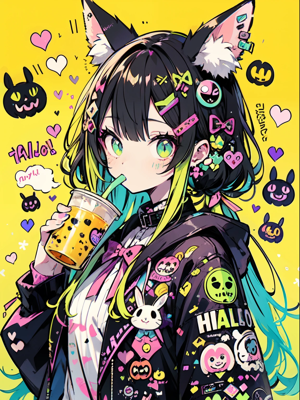 halloween theme, "kawaii, Cute bunny girl drinking a boba shake, Adorable girl in orenge, neon orenge black, and baby lime color scheme. She wears halloween-themed clothing. Her outfit is fluffy and soft, With decora accessories like hair clips. She embodies a vibrant and trendy Harajuku fashion style."