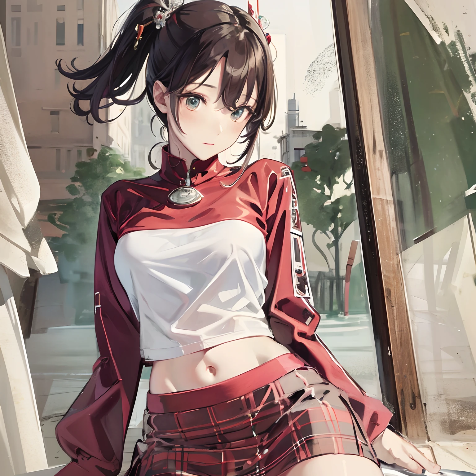 ​masterpiece、top-quality、hight resolution、High-quality images、8K.1womanl、独奏、colourfull、skin gloss、Texture of skin and clothing、detaileds、Detailed eye expression、Different left and right eye colors、Lustrous hair、light brown shorthair、poneyTail、portlate、full body Esbian、Long body、sensually、Thicker thighs、Short tight skirt、stick out buttocks