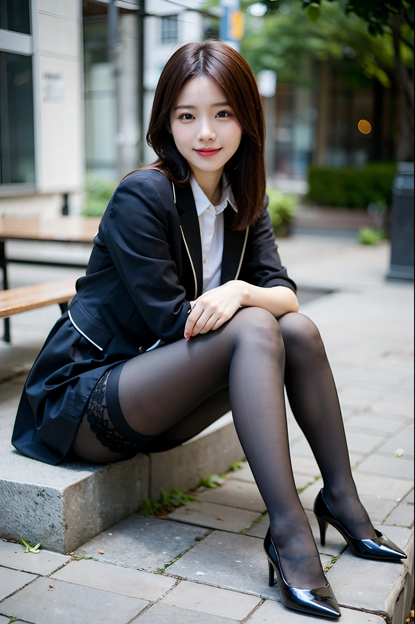 Elegant woman sitting cross-legged on stone bench, korean female fashion model, Wear ultra-realistic pantyhose、Black stockings、extremely beautiful legs, Cute elegant pose, Korean Girl, Very beautiful long legs, pretty face with arms and legs, elegant smiling pose, full body cute young lady, Gorgeous young Korean woman, japanese girl school uniform, photo of slim girl model, cute young woman、realistic skin textures、shinny skin、Exposed thighs!!!、