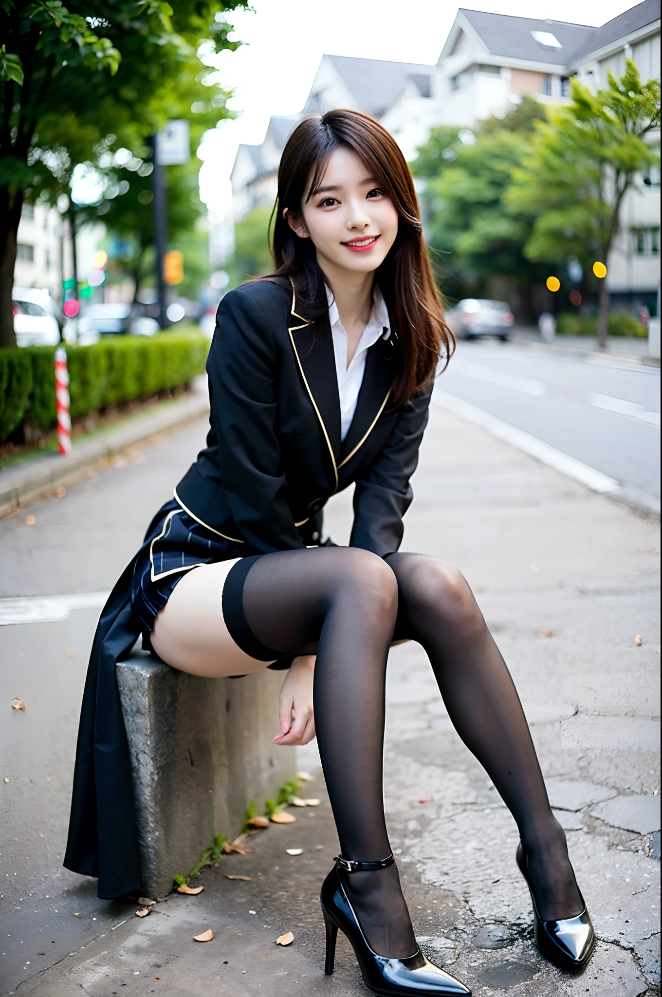 Elegant woman sitting cross-legged on stone bench, korean female fashion model, Wear ultra-realistic pantyhose、Black stockings、extremely beautiful legs, Cute elegant pose, Korean Girl, Very beautiful long legs, pretty face with arms and legs, elegant smiling pose, full body cute young lady, Gorgeous young Korean woman, japanese girl school uniform, photo of slim girl model, cute young woman、realistic skin textures、shinny skin、Exposed thighs!!!、