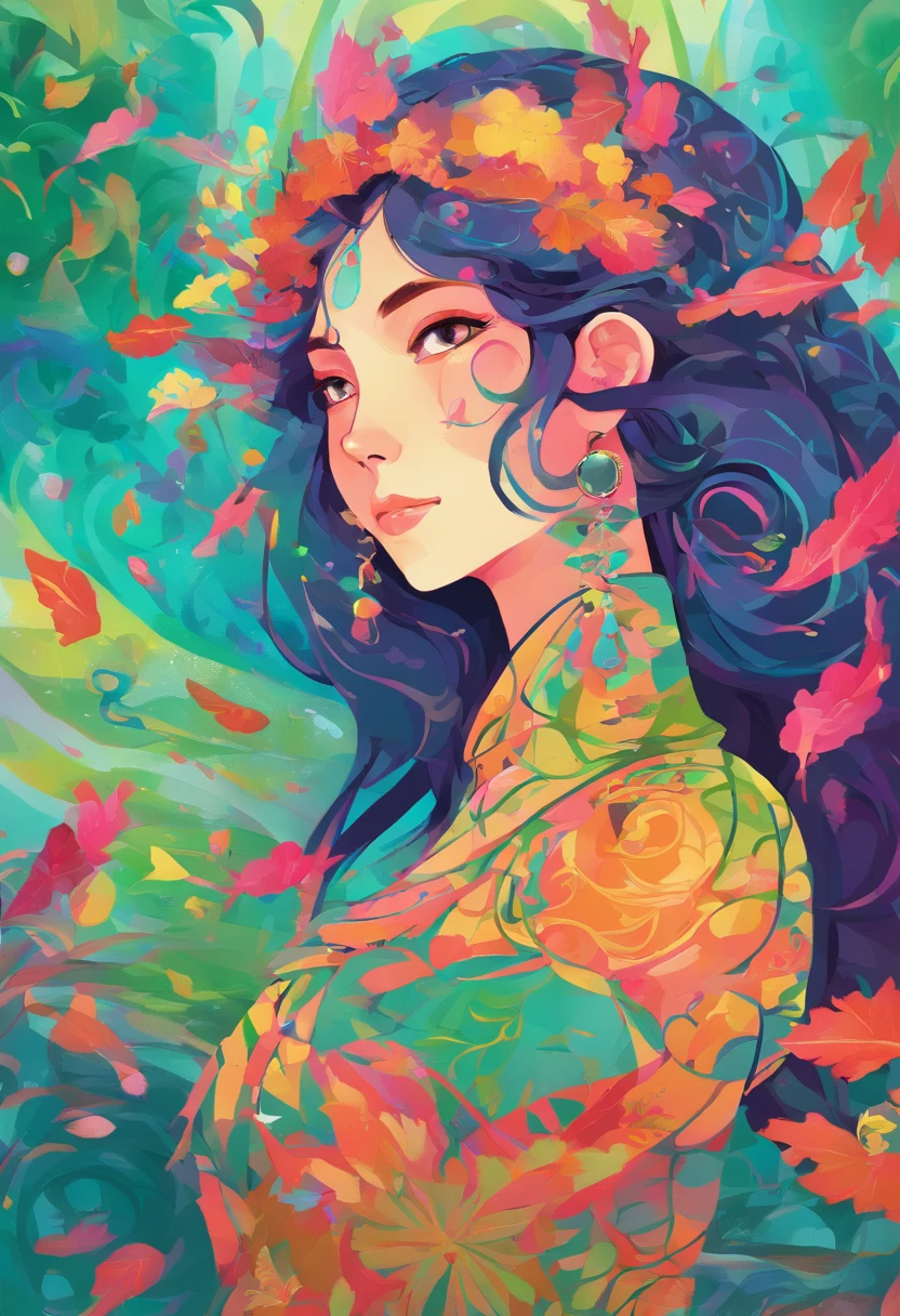 Anime Color Girl, Long necklaces and earrings, In the style of a quiet and refreshing green waterfall, colorful animation stills, aquamarine, paul gauguin, Embry style, Honest portrayal,A dark-haired,fortune teller,Slender eyes,Beautuful Women,Asian Beauty,ren,Power Stone,Power Spot,maternal,slender,japanes,Fall in love,pleasing,