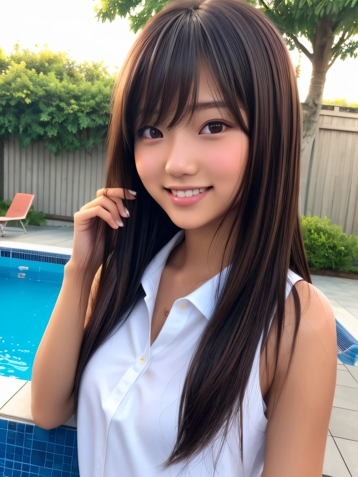Product quality, 1 girl, upperbody shot, Front view, a Japanese young pretty girl, Long hair, Glamorous figure, For school uniforms, Standing by the pool with a big smile, Wet body, Wet hair, hyper cute face, Glossy lips, double eyelids for both eyes, Natural makeup, Shiny smooth light brown bob hair, asymmetrical bangs, Tanned skin, central image, High resolution, high detailing, detailed hairstyle, Detailed face, Cinematic lighting, Octane Rendering, Vibrant, Hyper realistic, Perfect limbs, Perfect Anatomy