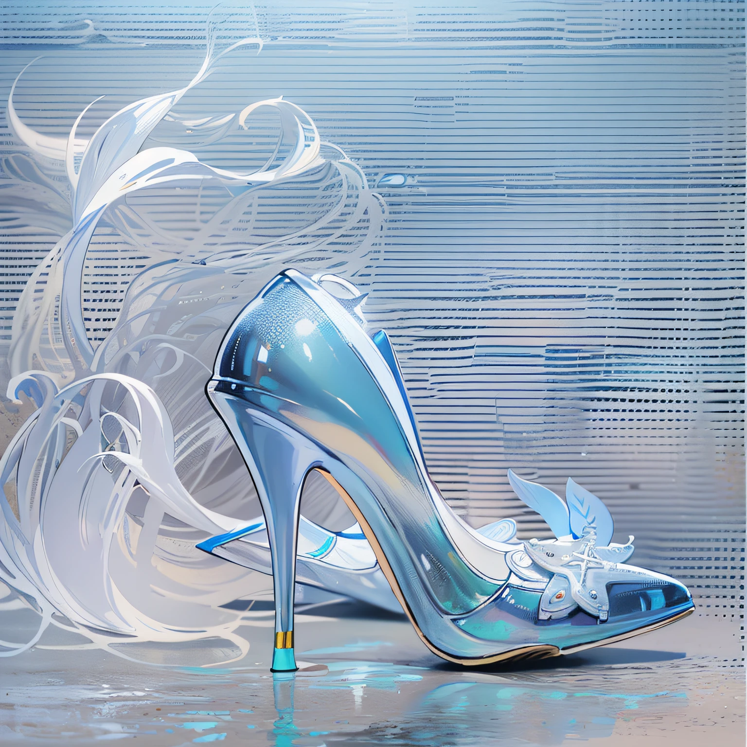 A pair of high heels，without humans，(Top resolution:1.5),  (Top image quality:1.5), Close-up of a pair of shoes on a shiny surface, slightly holographic, fairy tale style background, made in adobe illustrator, Magical items, holograph, illustration!, (Blue and white high heels:1.7), Transparent heels。(The background is the seaside:1.6)