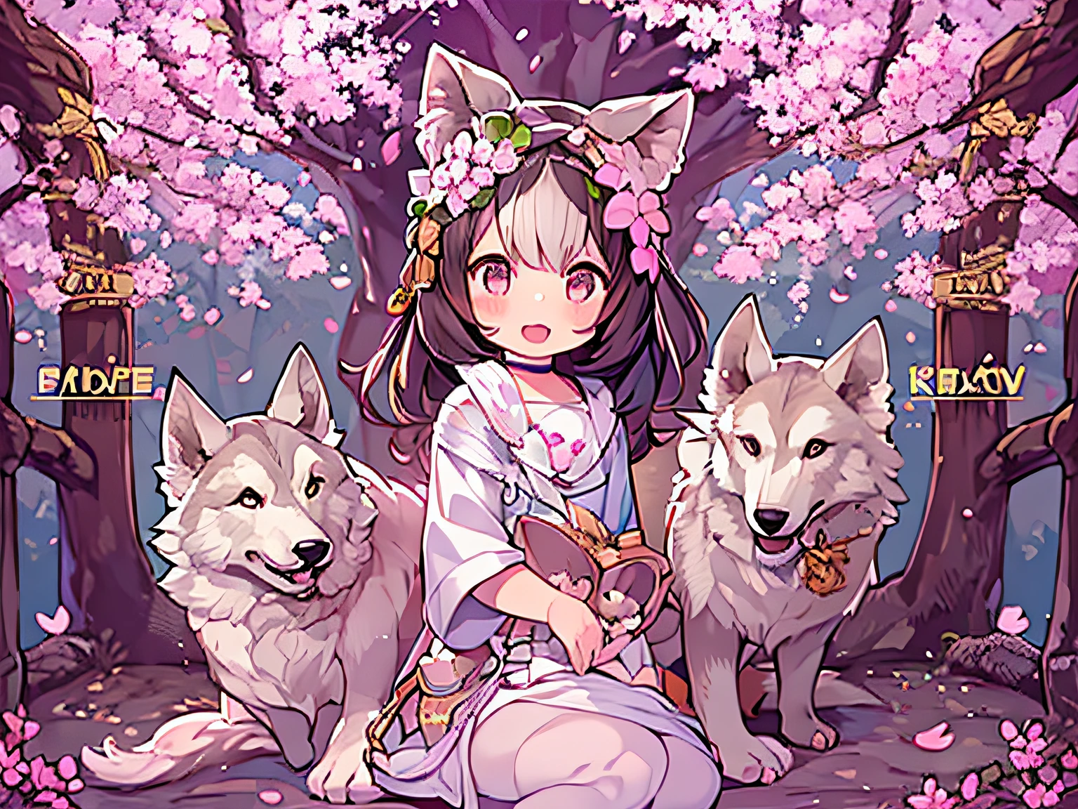 *********** with wolf ears and wolf tail, and puppy, Face the lens, Under trees with cherry blossoms, masterpiece, good quality. highly detailed. paw hands, paw feet