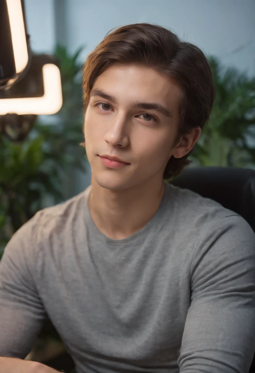 22 year old handsome boy, looking at camera, shit on gaming chair ,with computer setup, plant and lighting decoration,straight possing, perfect lighting, deep shadow, best quality, masterpiece, ultra highres, photorealistic