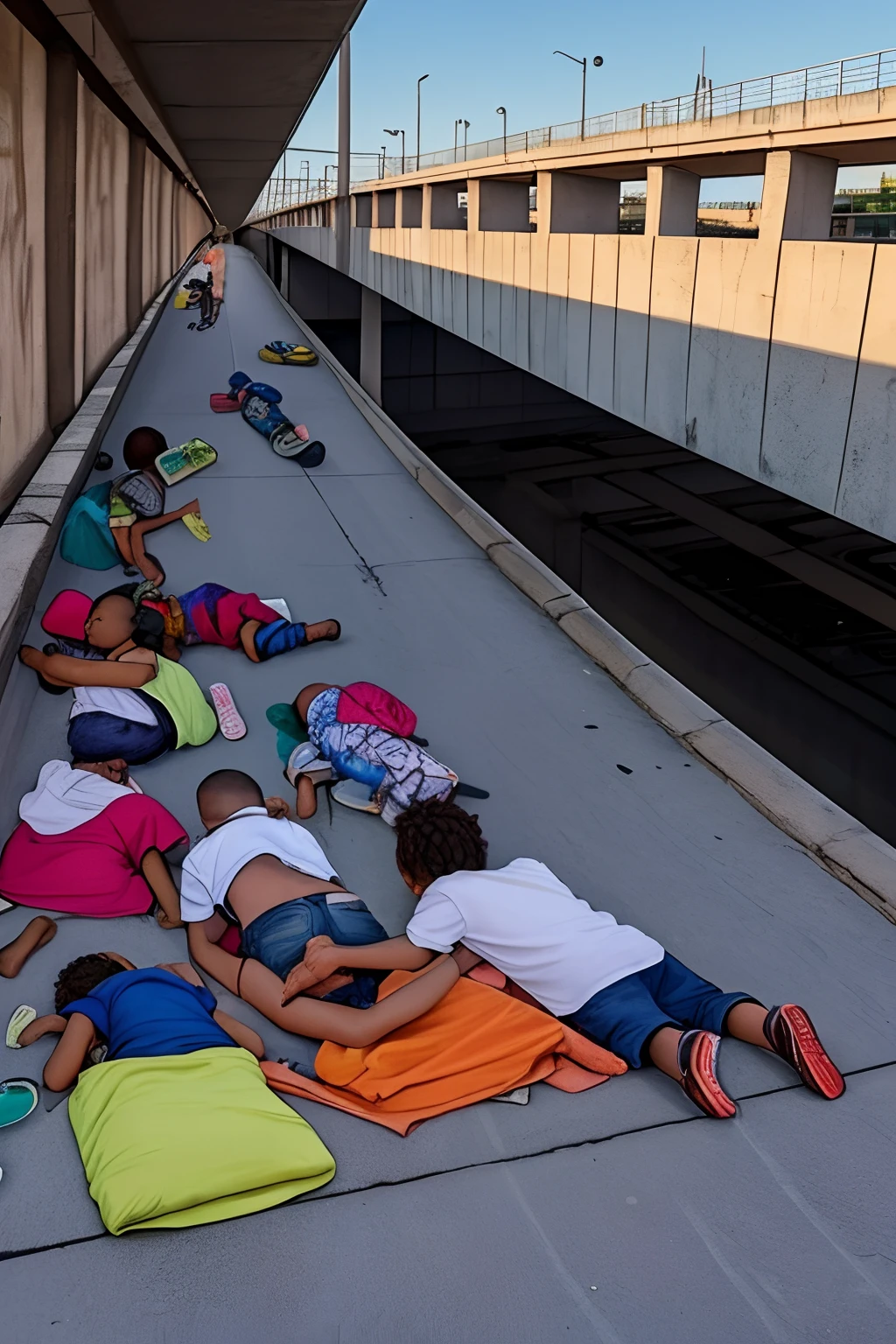 sleeping with their family under an overpass all sprayed with graffiti in a metropolis at night, todo sujos com roupas rasgadas. On top of the viaduct there is a restaurant with several people eating a lot