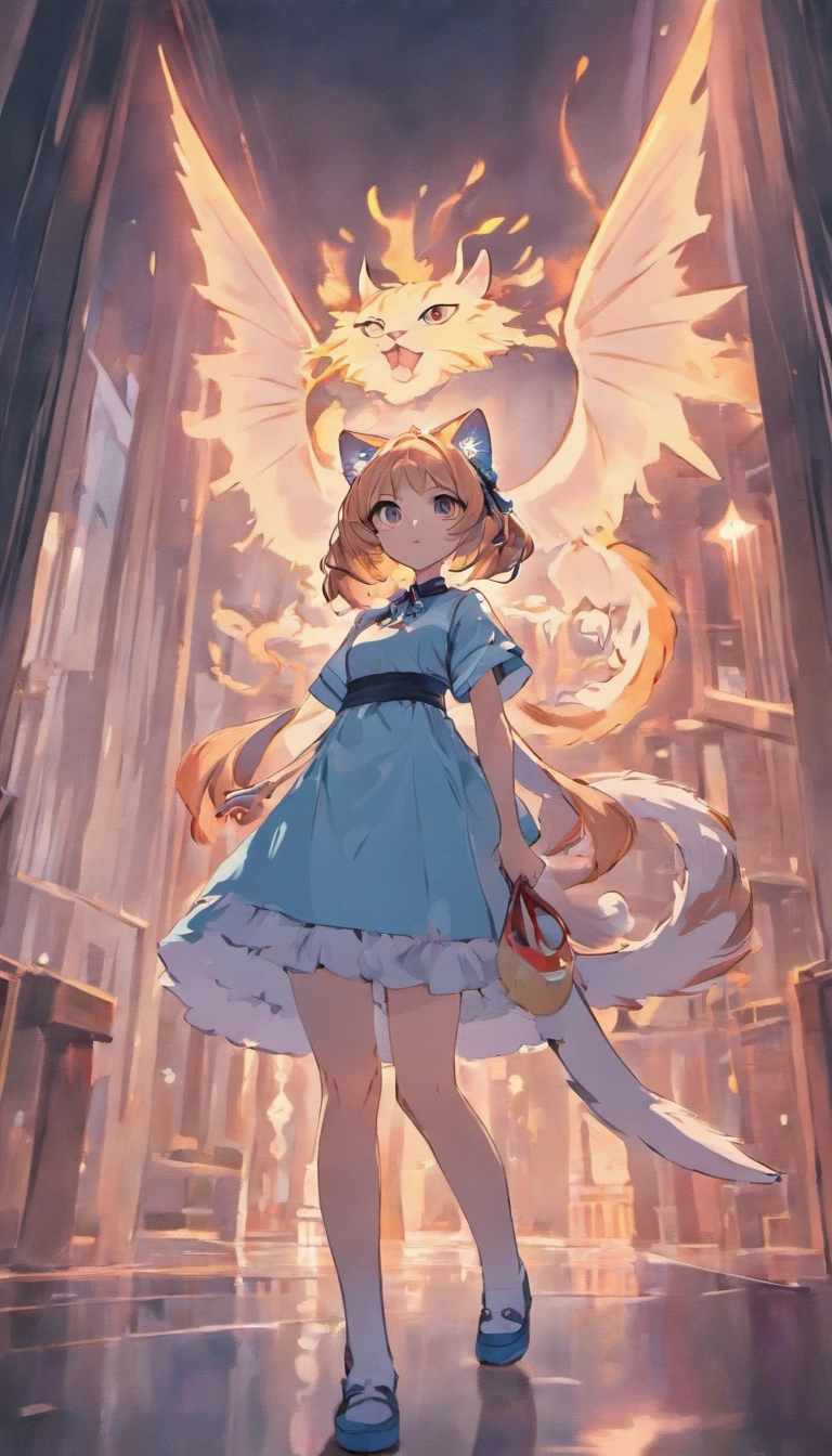 Japanese style, middle view, ((cat ear girl standing, maid uniform)), standing in front of huge transparent divine dragon, long messy hair, glow effect, ultra realistic, ultra photorealistic, monochrome ink style, purple, bleached colour, dirt, ink, 8K, super fine, high quality, OC renderer.