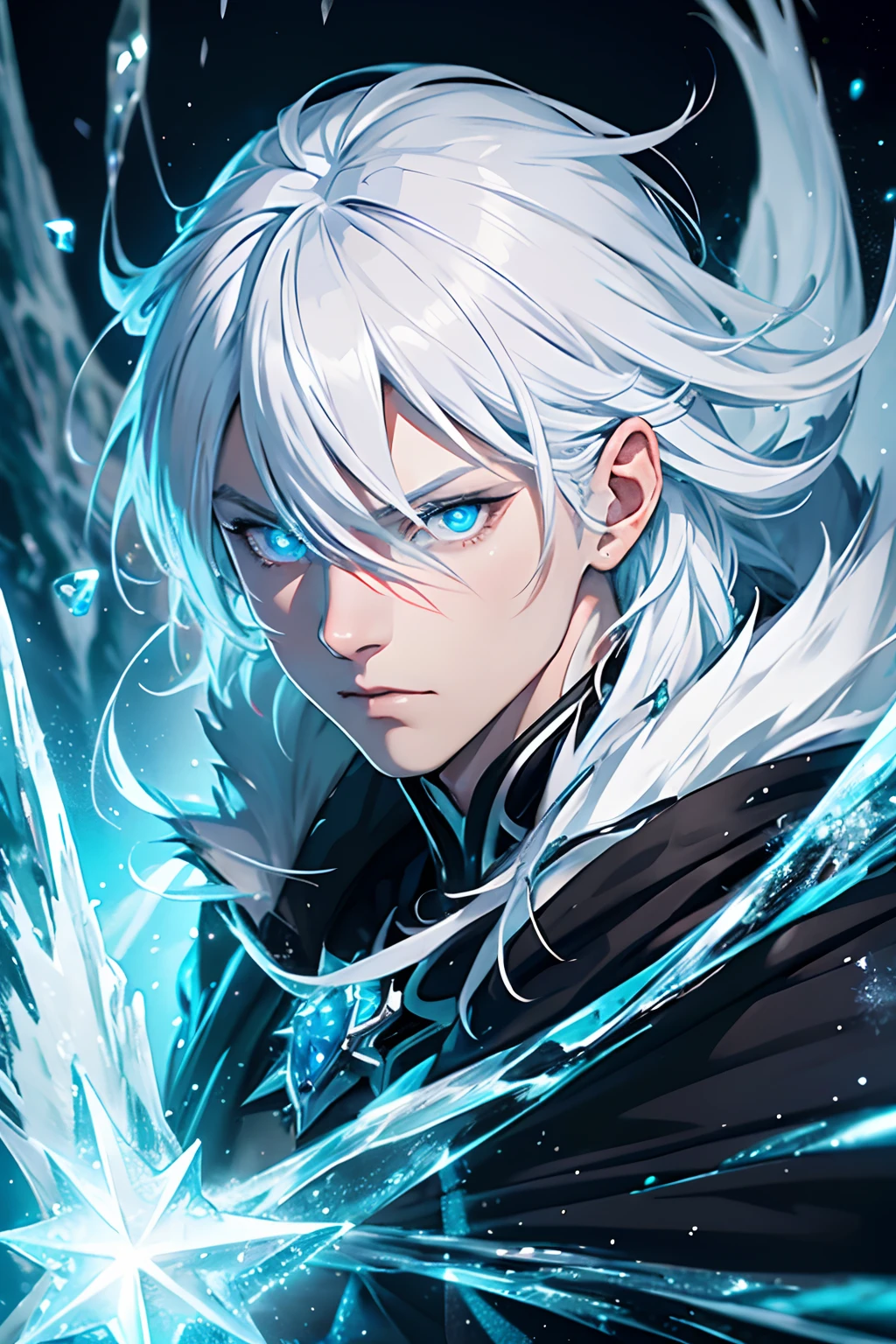 anime style,white hair,ice style,male,black cape,(best quality:1.2),ultra-detailed,realistic:1.37,portraits,vivid colors,studio lighting,sharp focus,iceberg,night time,powerful expression,glowing blue eyes,frosty breath,frozen surroundings,reflective ice crystals,elemental magic,heroic pose,mysterious aura