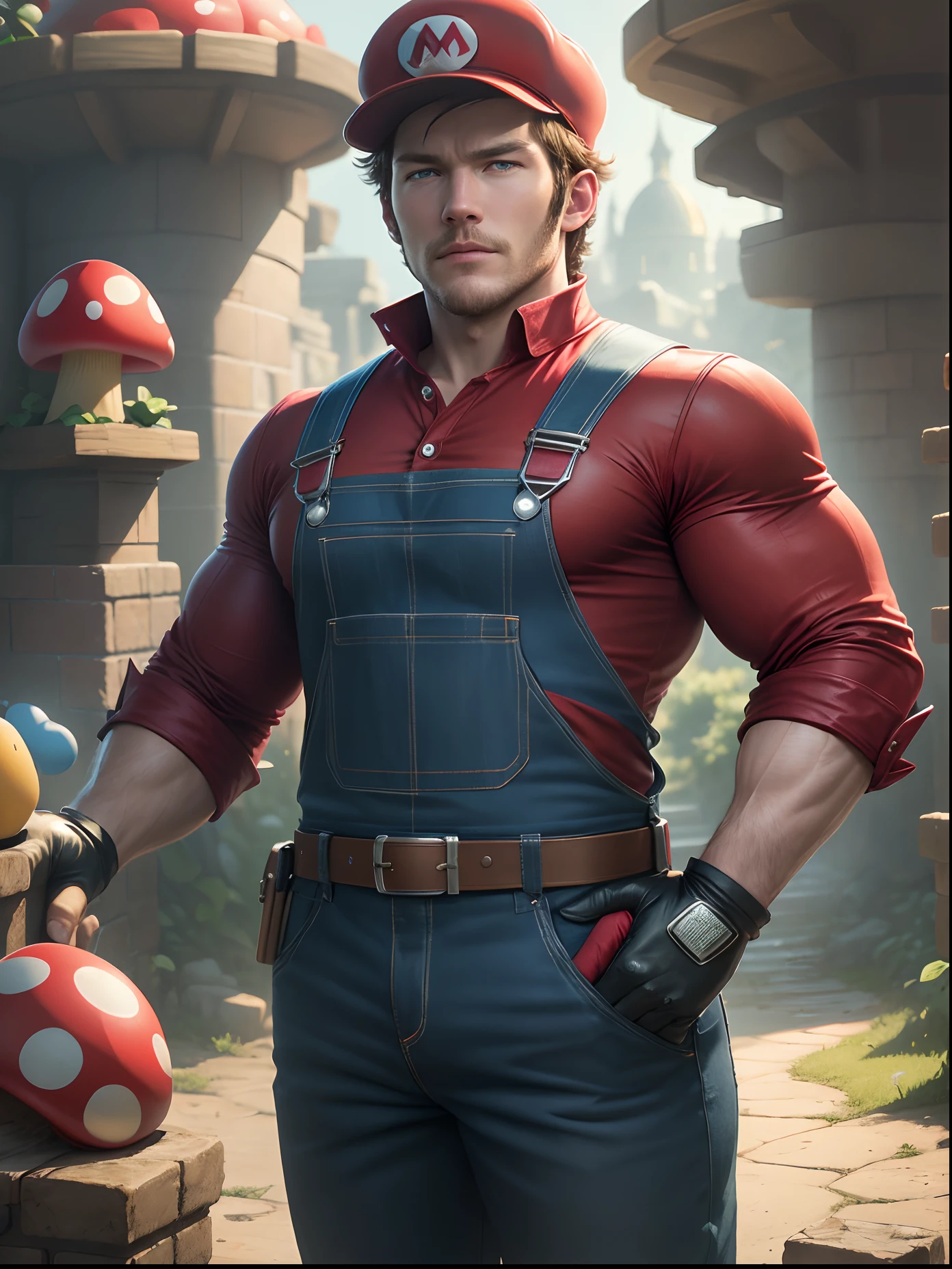 masterpiece, highres, 8k, ultra detailled, perfect lighting, cinematic lighting Chris Pratt as Mario super Mario style looking at viewer black hair blue overalls thick mustache red hat red shirt long sleeve white gloves outdoors mushroom kingdom castle bricks 1-up mushroom vibrant vivid color high contrast hdr