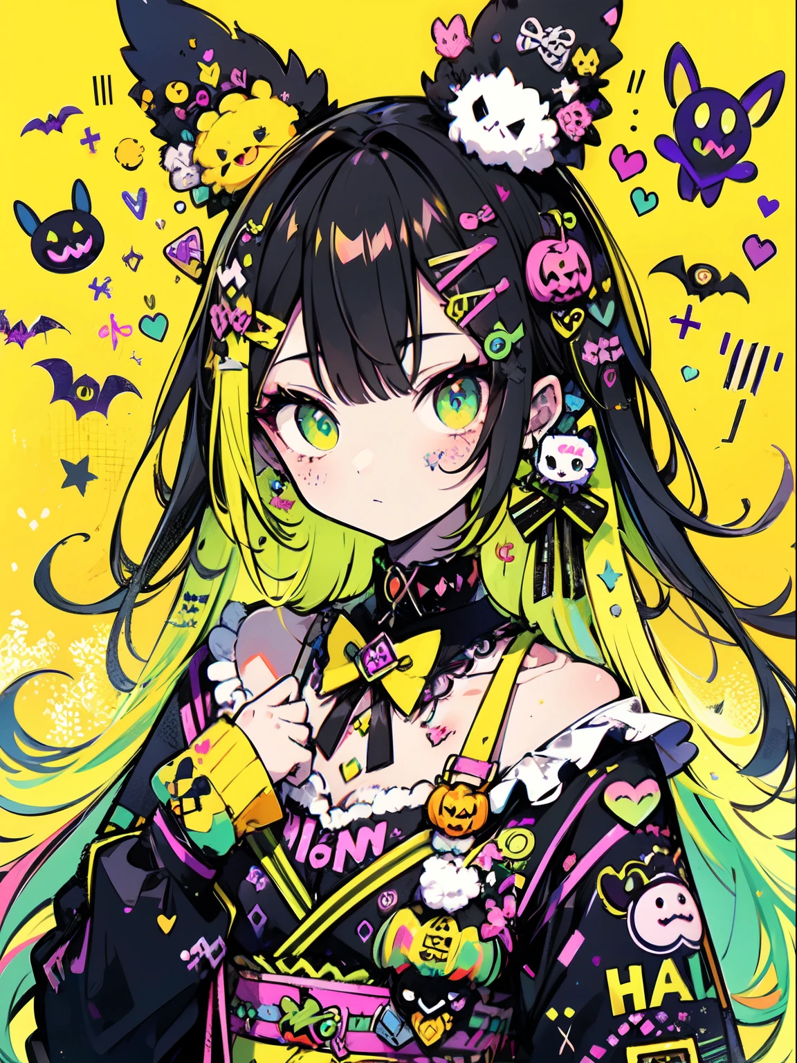 halloween theme, "kawaii, Cute orenge bunny girl in cute smile with teeth and holdinga halloween candy, poser, Adorable girl in orenge, neon orenge black, and baby lime color scheme. She wears halloween-themed clothing. Her outfit is fluffy and soft, With decora accessories like hair clips. She embodies a vibrant and trendy Harajuku fashion style."