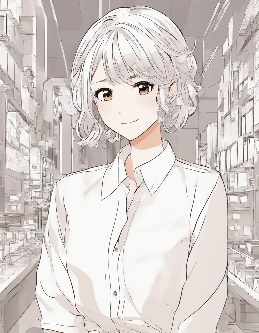 Simple illustration rough、Beautiful mom in white shirt、Business Smile、Looks reliable、icons、Background is the back screen