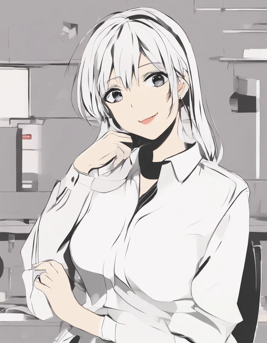 Simple illustration rough、Beautiful mom in white shirt、Business Smile、Looks reliable、icons、Background is the back screen