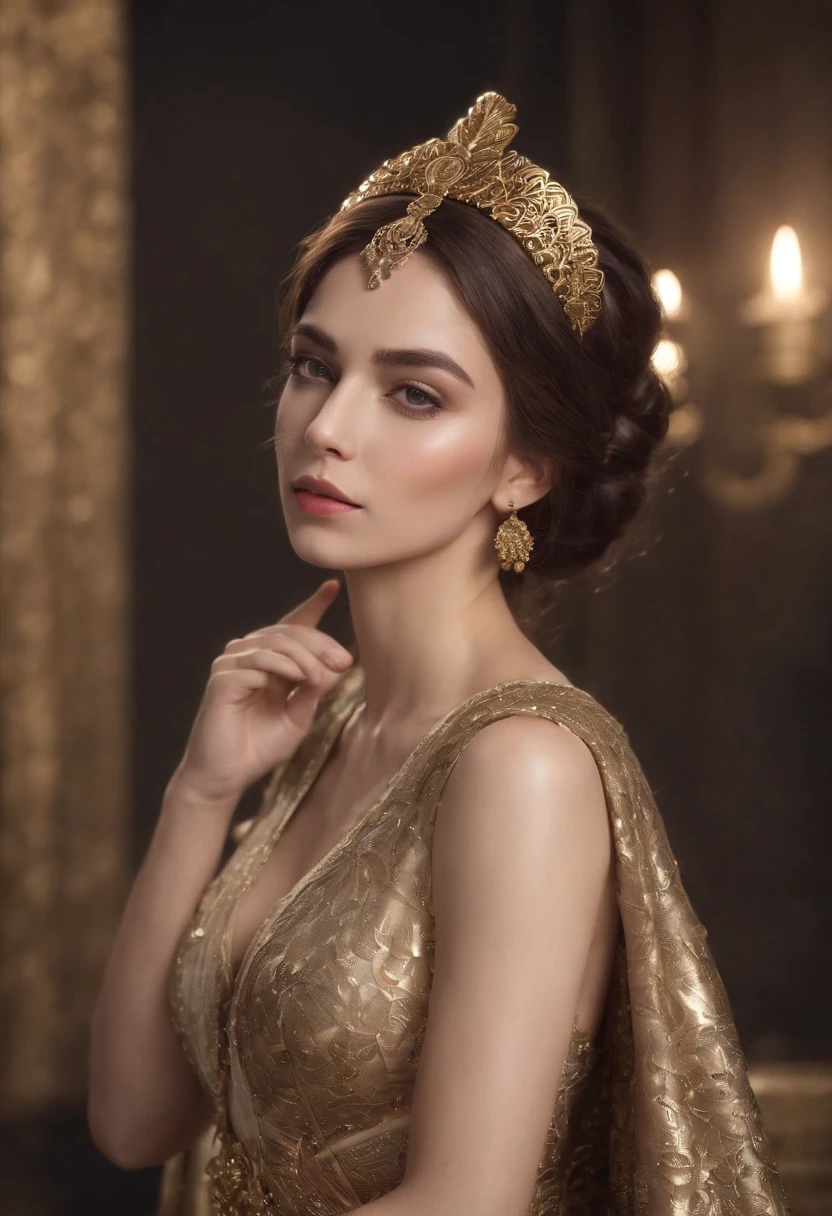 ((Best quality)) , ((Masterpiece)) , (Detailed) , (1womanl:1.3) , (Fantasy illustration:1.3),vray, On pale black paper, Digital artwork, ultra - detailed,Lonely, Regret eyes, Dressed in glamorous Egyptian costumes_clothes, Hands in pockets, She has a comb hairstyle, Jamaican hairpins, FOV 90 degrees, Scene art, warmcore, L USM, glimmering, A shimmering transformation, 8K resolution