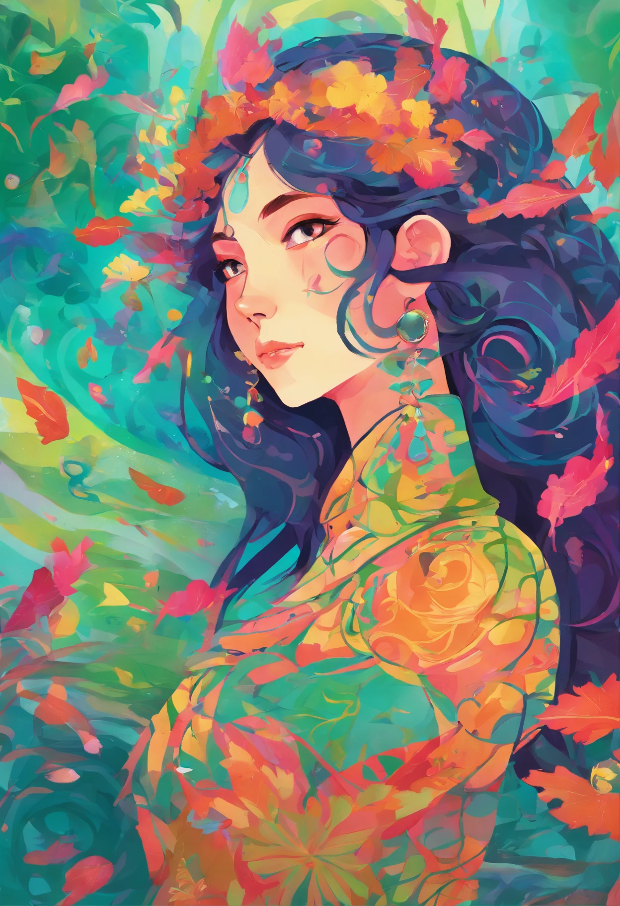Anime Color Girl, Long necklaces and earrings, In the style of a quiet and refreshing green waterfall, colorful animation stills, aquamarine, paul gauguin, Embry style, Honest portrayal,A dark-haired,fortune teller,Slender eyes,Beautuful Women,Asian Beauty,ren,Power Stone,Power Spot,maternal,slender,japanes,Fall in love,pleasing,