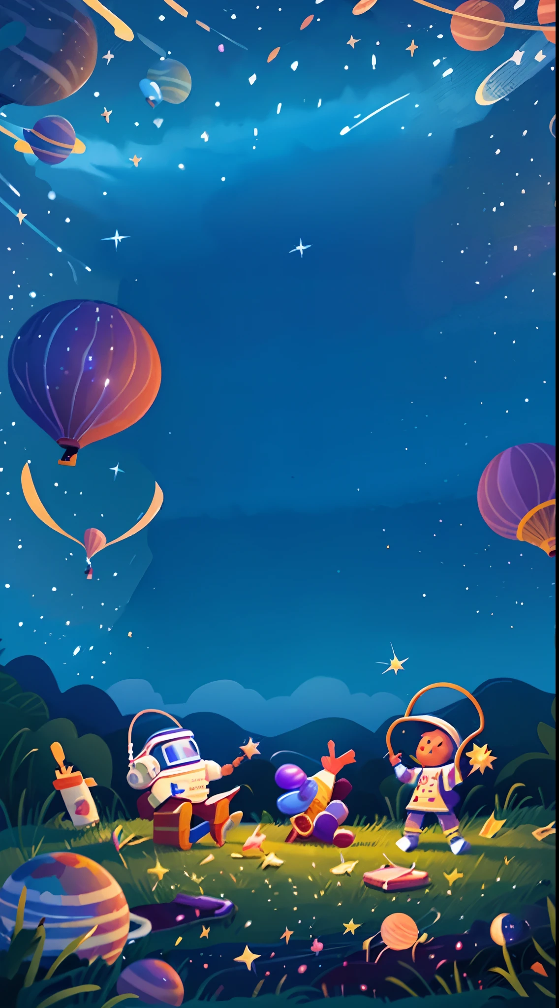 This is an illustration work,In a blue-purple sky,Covered in colorful shooting stars。There are intricate slides in the universe,There were three astronauts,Each of them is holding a shining star,There are large patches of colored aurora on it,There are floating slides in the air,There is also lacquer、paint brushes、balloons、Buble,The colors are very rich。There are tons of shining stars,The sparkling Milky Way falls from the sky,The picture is rich in detail