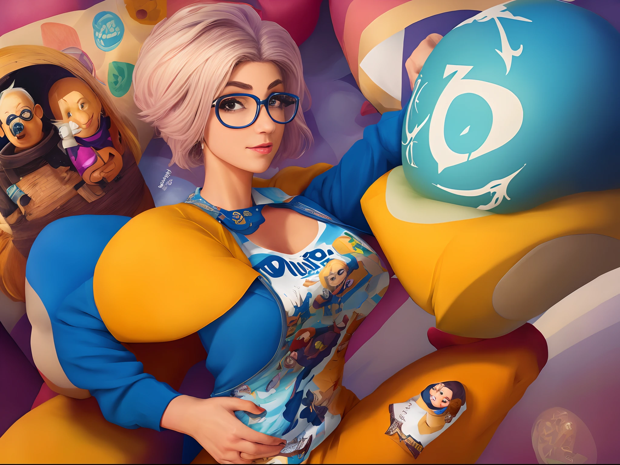 Crie uma personagem mulher cabeleireira de cabelos cacheados no estilo Pixar com o nome Caroline Granata escrito