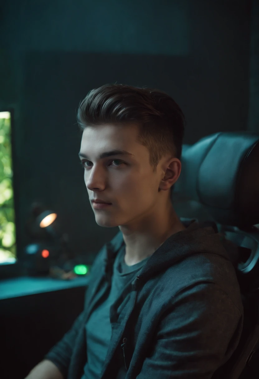 20 year old cyberpunk handsome boy, looking at camera, shit on gaming chair ,with computer setup, plant and lighting decoration,straight possing, perfect lighting, deep shadow, best quality, masterpiece, ultra highres, photorealistic