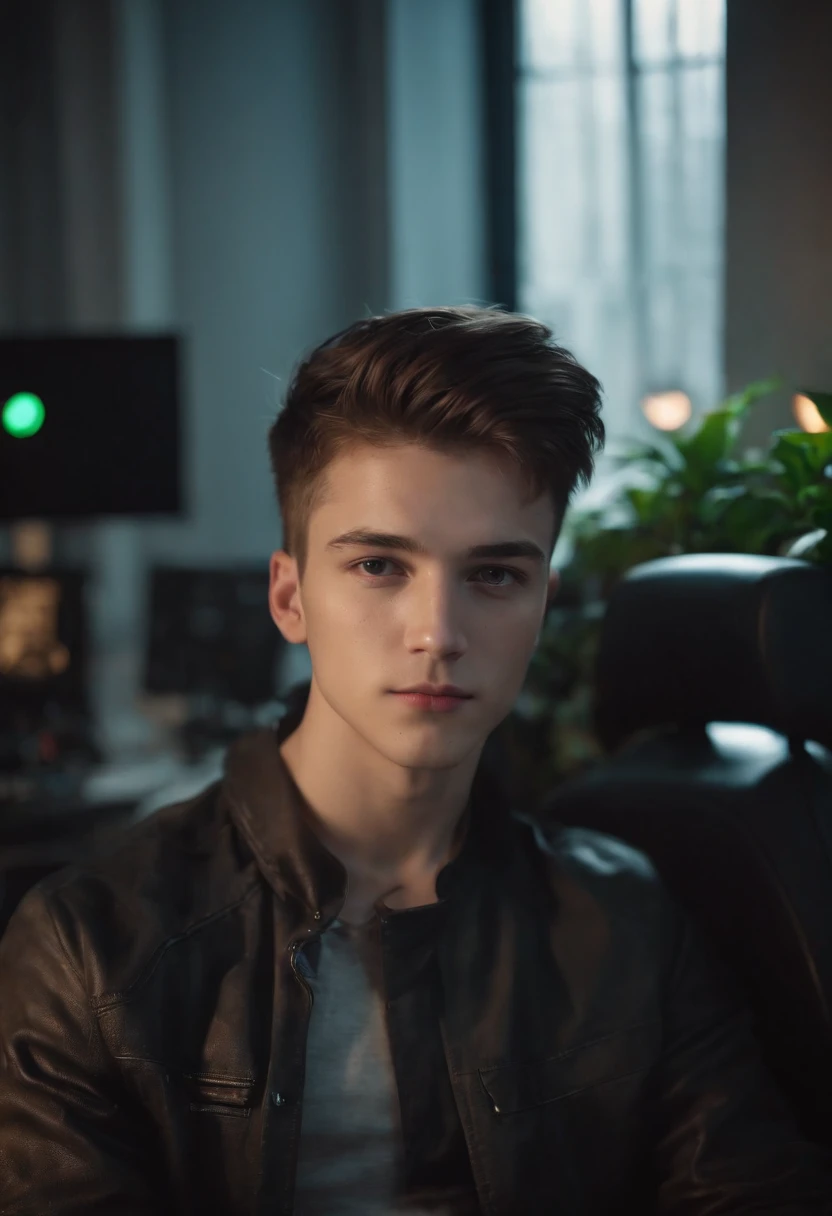 20 year old cyberpunk handsome boy, looking at camera, shit on gaming chair ,with computer setup, plant and lighting decoration,straight possing, perfect lighting, deep shadow, best quality, masterpiece, ultra highres, photorealistic