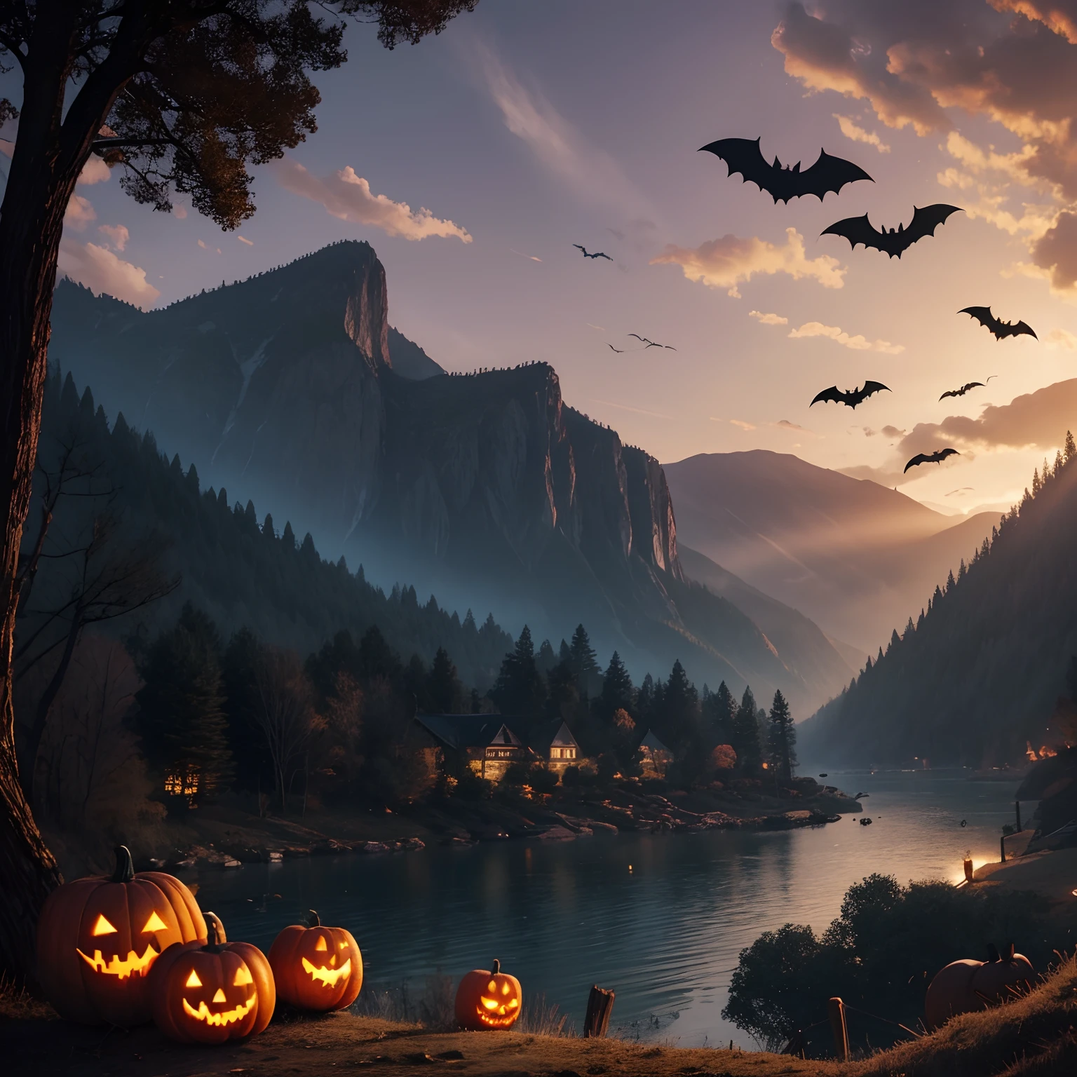 Landscape, vampire bats, Halloween