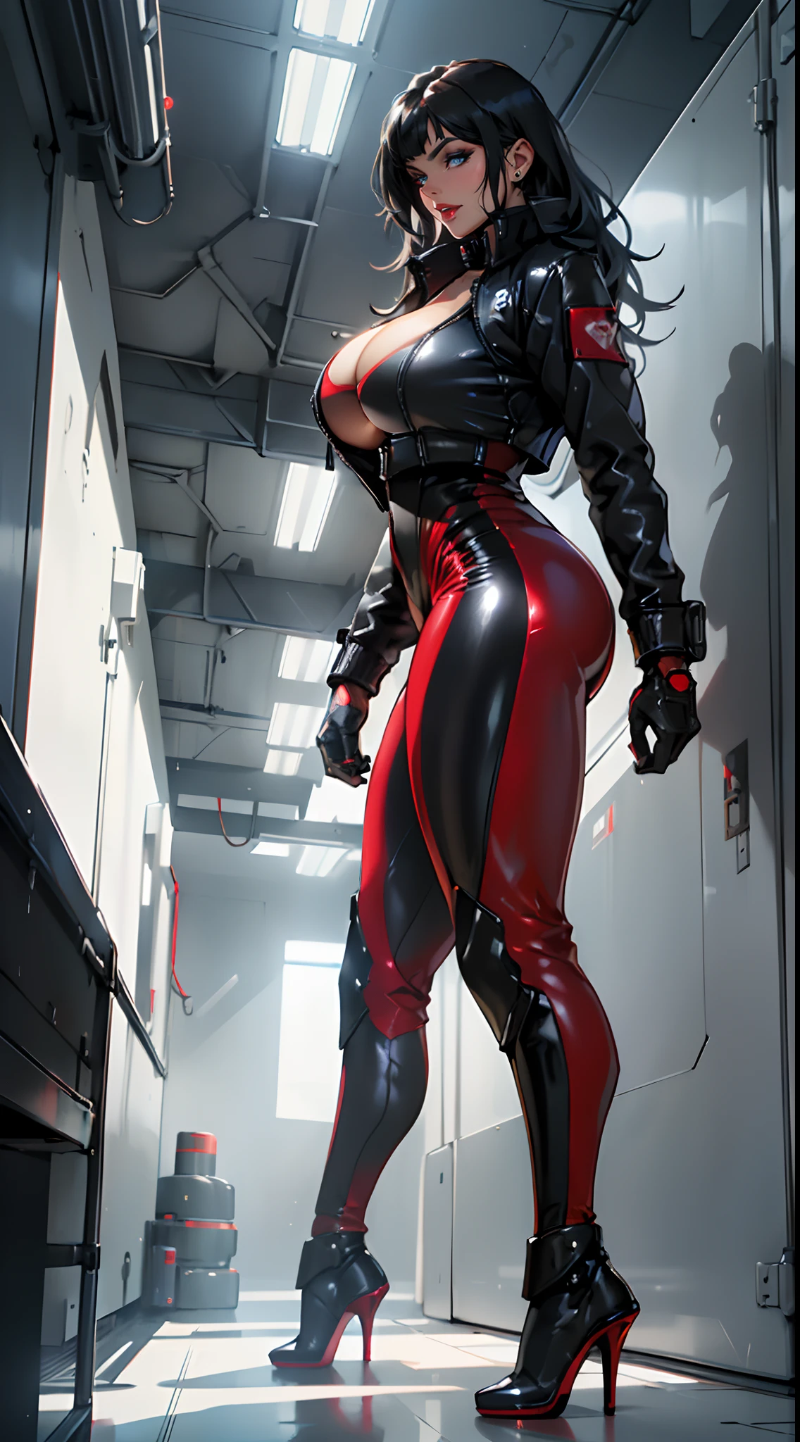 (1GIRL, ALONE, SOLO), (super detailed face), (black hair:1), (BIG BUTTOCKS, HUGE FAKE BREAST:1.3), (CLEAVAGE:1.5), (MUSCLE ABS:1.3), (MECHA GUARD ARMS:1.3), (RED,BLACK SHINY FUTURISTIC TRACKSUIT, LEATHER OPEN JACKET, MECHA SKINTIGHT SUIT PANTS, MECHA GUARD LEGS, HIGH HEELS:1.5), (THICC MUSCULAR FEMALE BODY, GLOWING SKIN, SEXY LONG LEGS:1.1), (LOOKING AT VIEWER:1.3), (female focus:0.886), (WALKING DOWN HALLWAY OF FUTURISTIC SPACE STATION:1), (BRIGHT LIGHT WHITE_ROOM:1.3), HYPER TEXTURE, ULTRA HIGHT DEFINITION, 16K