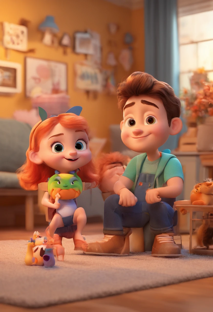 Estilo Pixar: Mom age 37,Dad age 38, 2 twins age 5 ,0ne sister age 9 ,with a litlle cat ,3D Poster,Disney