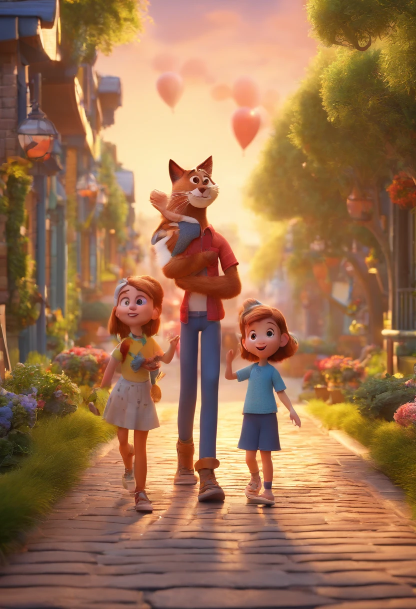 Estilo Pixar: Mom age 37,Dad age 38, 2 twins age 5 ,0ne sister age 9 ,with a litlle cat ,3D Poster,Disney