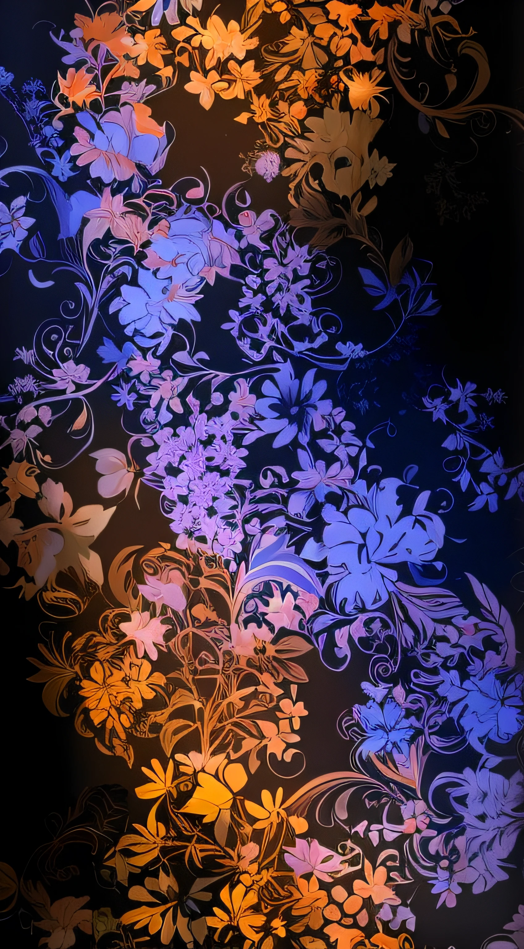 There is an image of a colorful floral pattern on a black background, motivos florais, Arte do papel de parede, dark flower pattern wallpaper, papel de parede bonito, papel de parede florido, arte de fundo, flores rodopiantes, design de papel de parede, papel de parede do computador, neon floral pattern, flores ornamentadas, Cores intrincadas, floral sunset, floral ornamentado, amazing contrasting background, papel de parede de alta qualidade, fundo escuro intrincado
