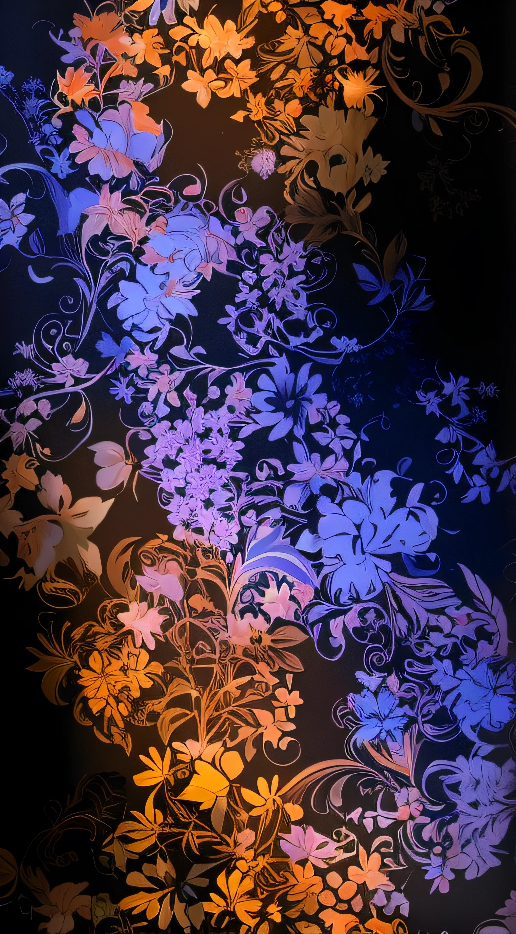 There is an image of a colorful floral pattern on a black background, motivos florais, Arte do papel de parede, dark flower pattern wallpaper, papel de parede bonito, papel de parede florido, arte de fundo, flores rodopiantes, design de papel de parede, papel de parede do computador, neon floral pattern, flores ornamentadas, Cores intrincadas, floral sunset, floral ornamentado, amazing contrasting background, papel de parede de alta qualidade, fundo escuro intrincado