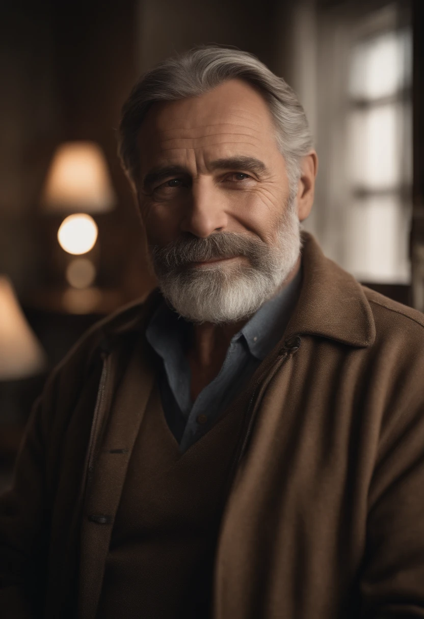(a)portrait of a father,(realistic, highres),kind-hearted expression,graying hair,loving gaze,wrinkles around the eyes,(best quality, studio lighting),warm and soft colors,detailed beard,straight posture,gentle smile,wise eyes,indoor setting,bookshelf in the background,subtle shadows,meaningful glance,mature and experienced look