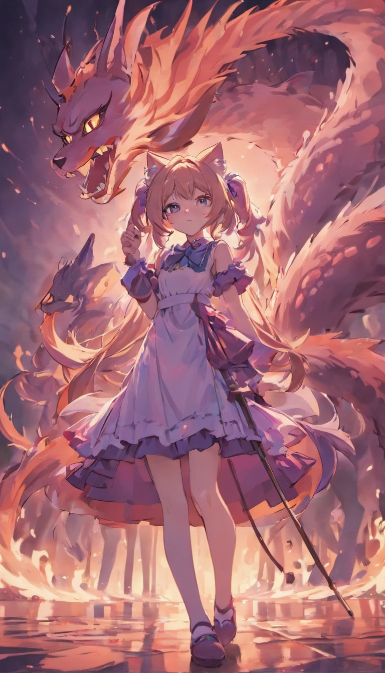 Japanese style, medium view, ((cat ears girl standing, maid outfit)), fighting in front of giant dragon, long messy hair, glow effect, ultra realistic, ultra photorealistic, monochrome ink style, purple, bleaching, dirt, ink, 8K, super fine, high quality, OC renderer.