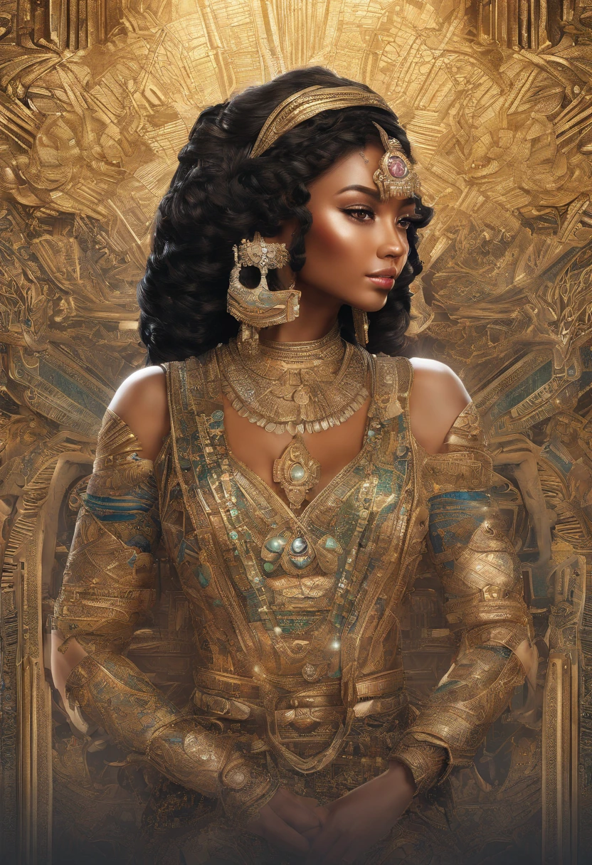 ((Best quality)) , ((Masterpiece)) , (Detailed) , (1womanl:1.3) , (Fantasy illustration:1.3),vray, On pale black paper, Digital artwork, ultra - detailed,Lonely, Regret eyes, Dressed in glamorous Egyptian costumes_clothes, Hands in pockets, She has a comb hairstyle, Jamaican hairpins, FOV 90 degrees, Scene art, warmcore, L USM, glimmering, A shimmering transformation, 8K resolution