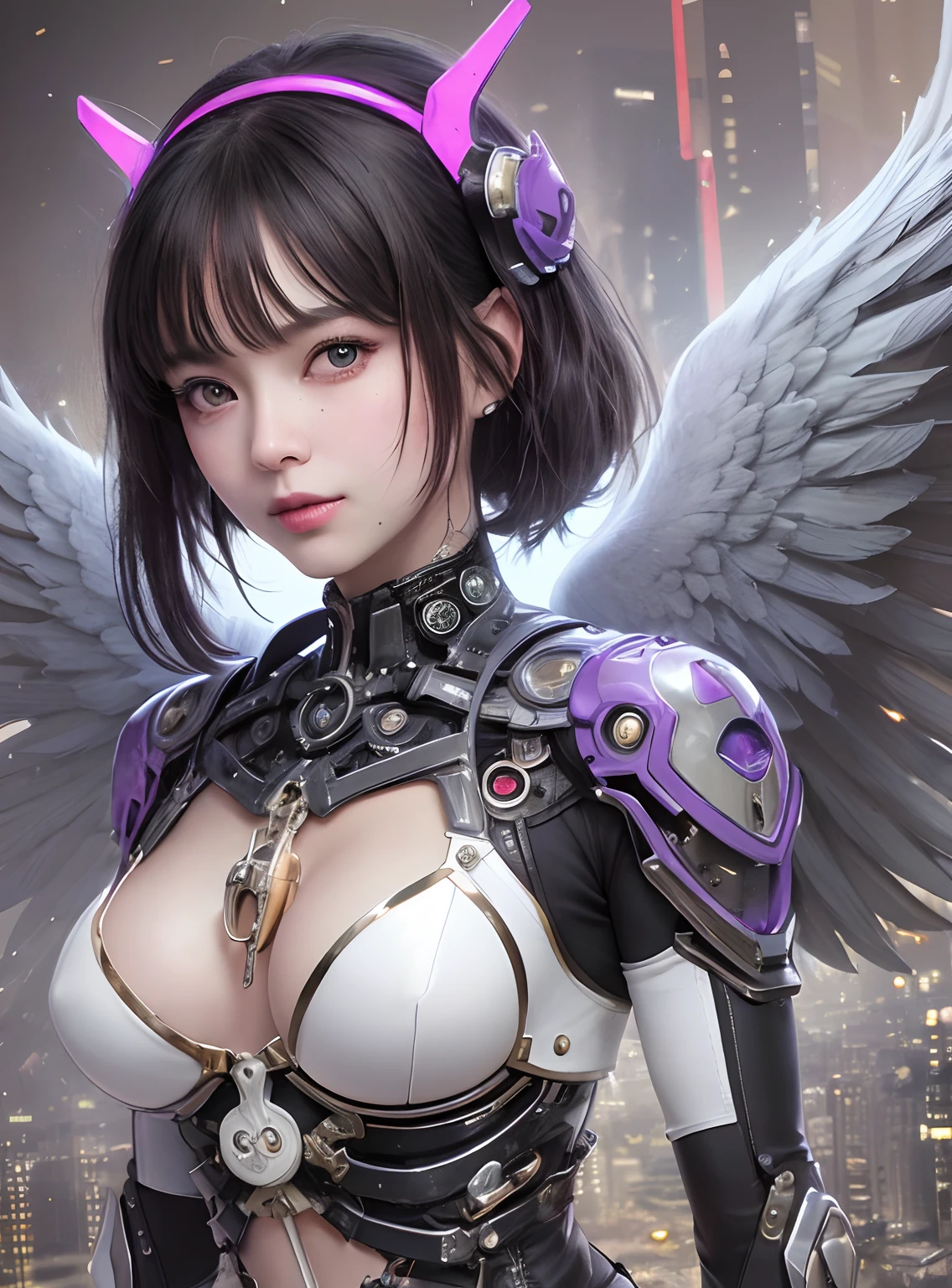 top-quality、tmasterpiece、超A high resolution、(Photorealsitic:1.4)、RAW photo、1 rapariga、Black hair、glowy skin、1. Mechanical Battle Angel、Large metal wing、Shining Circle of Angels、((Super realistic details))、porate、globalillumination、black shadows、octan render、8K、ultrasharp、Colossal tits、Raw skin is exposed in cleavage、White porcelain body、Details of complex ornaments、Floor plan about the《cyber punk perssonage》、Light-emitting diodes、Integrated circuit chips、base、Data link、Hydraulic cylinder、highly intricate detail、Realistic light、a purple eye、Radiant eyes、Facing the camera、neon light detail、Mechanical limbs、blood vessels attached to the tube、Mechanical vertebrae attached to the back、mechanical cervical attaching to neck、cow boy shot、wires and cables connecting to head、Glowing tube、small led lights、Sumerian details、